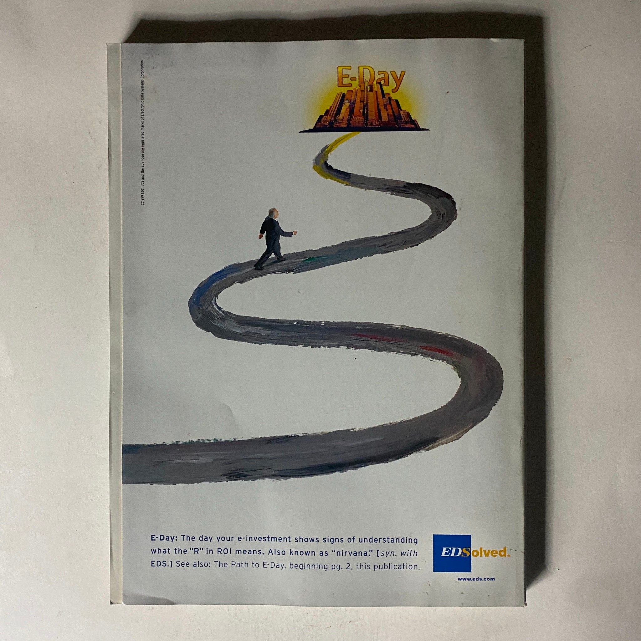 Back cover of Fortune Magazine November 8, 1999 with the themed artwork titled 'E-Day', illustrating the path to understanding e-investments amidst evolving business dynamics.