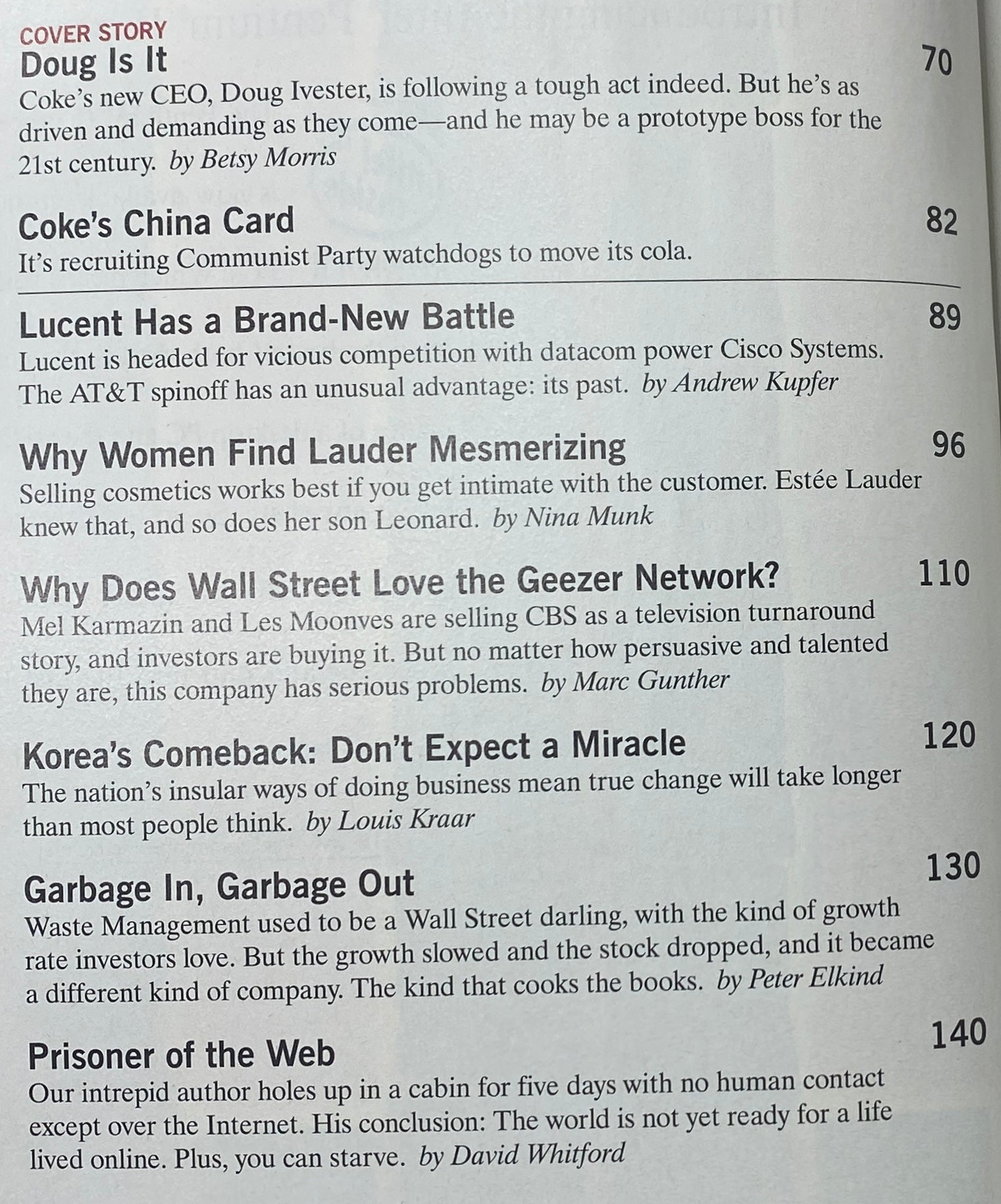 Contents page of Fortune Magazine May 25, 1998, highlighting articles including 'Doug Is It' and 'Coke's China Card,' featuring business insights from the late 90s.