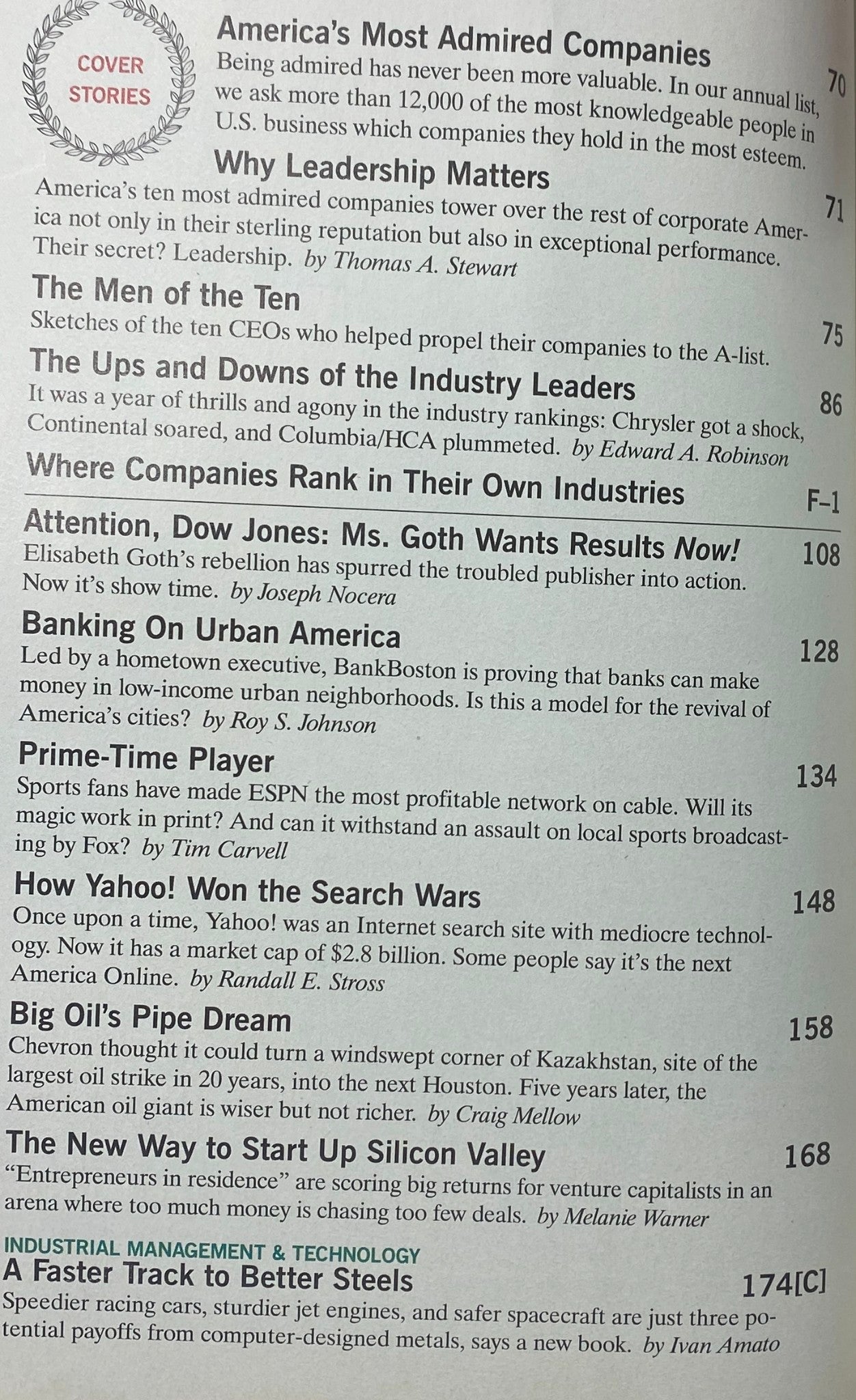 Inside page of Fortune Magazine, March 2, 1998, listing the featured articles including 'America's Most Admired Companies' and insights on leadership.