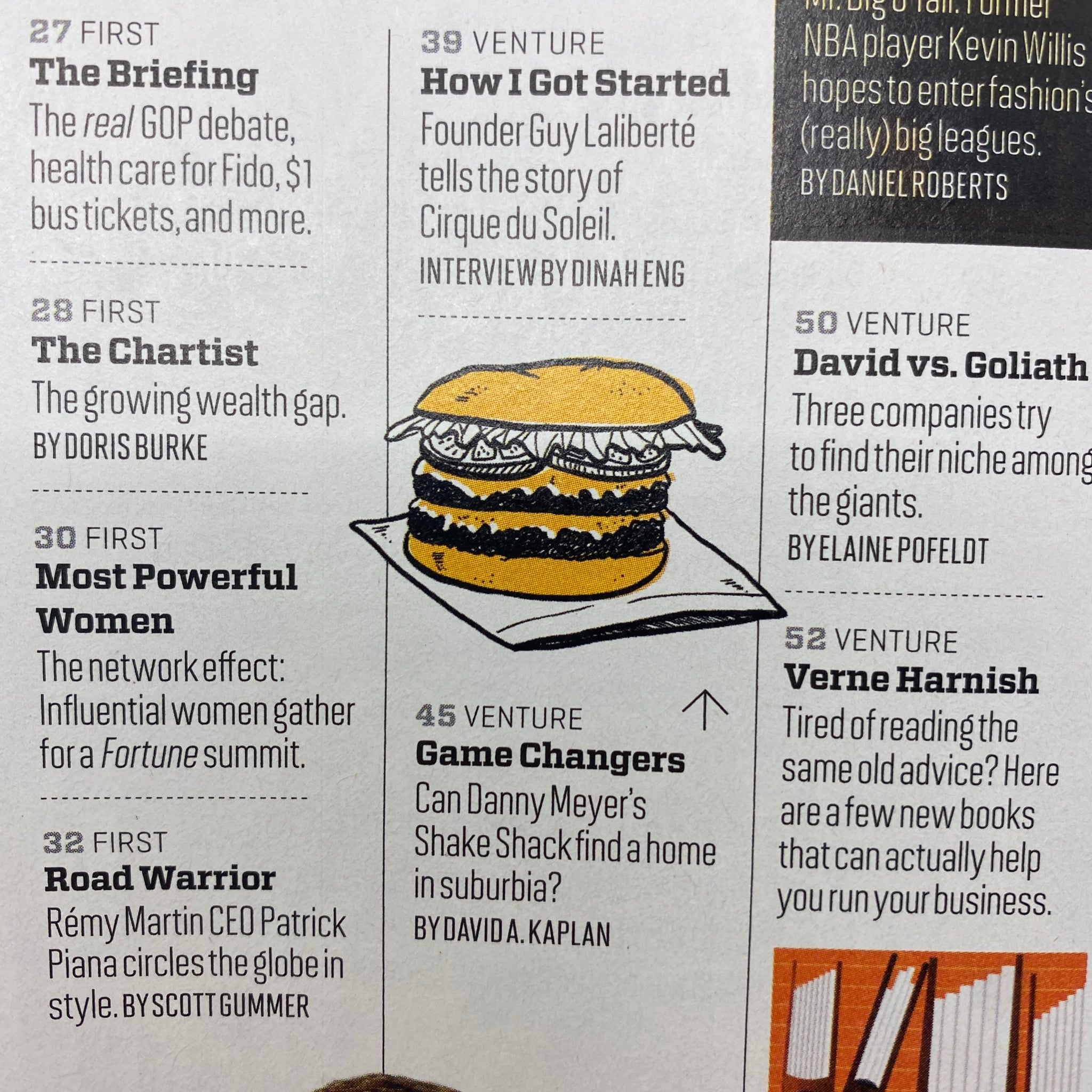 Fortune Magazine November 7, 2011 featuring notable articles including 'The Chartist' and 'Most Powerful Women', illustrated with a creative burger graphic.