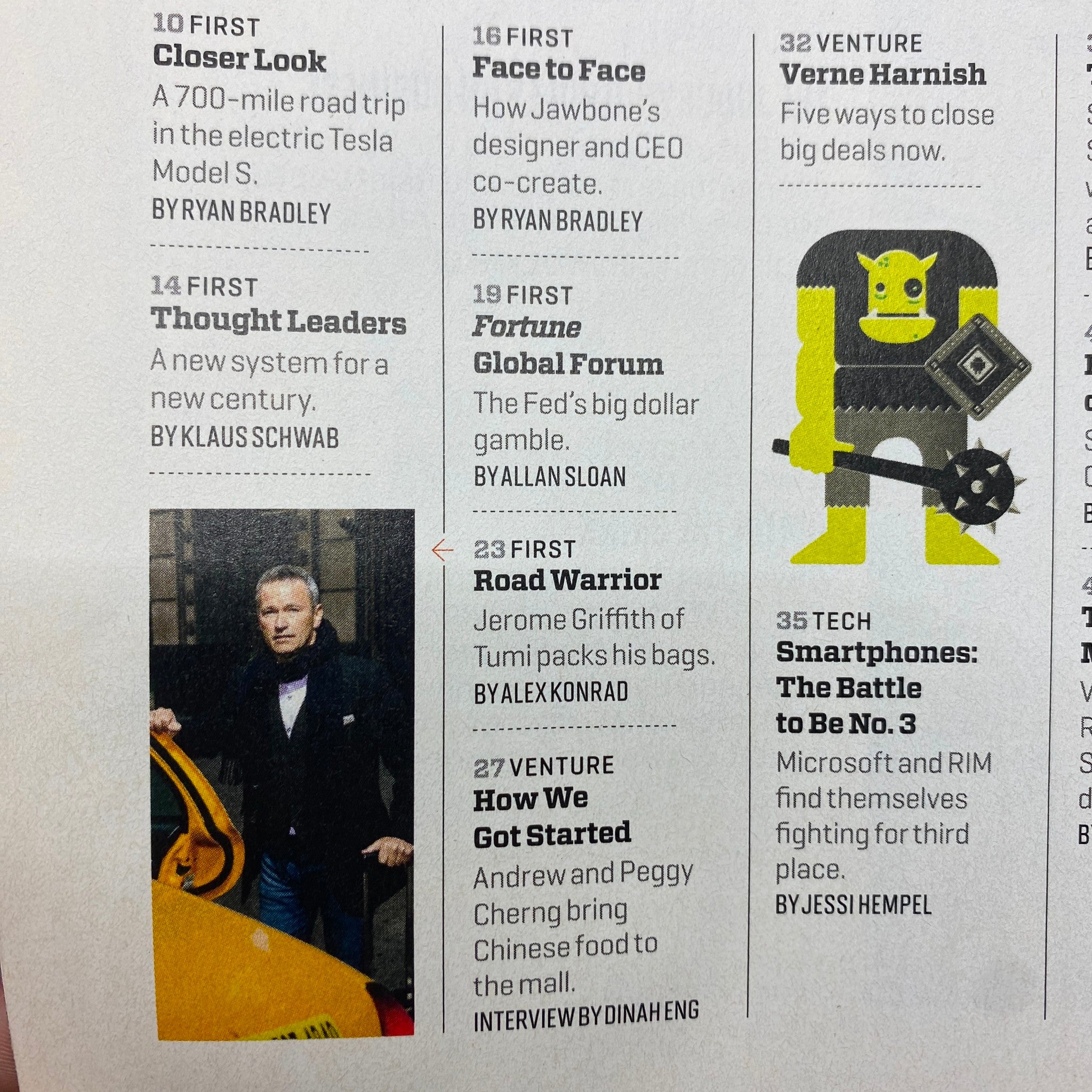 Inside pages of Fortune Magazine February 4, 2013, highlighting Jerome Griffith of Tumi in an article titled 'Road Warrior' about innovative travel and lifestyle.