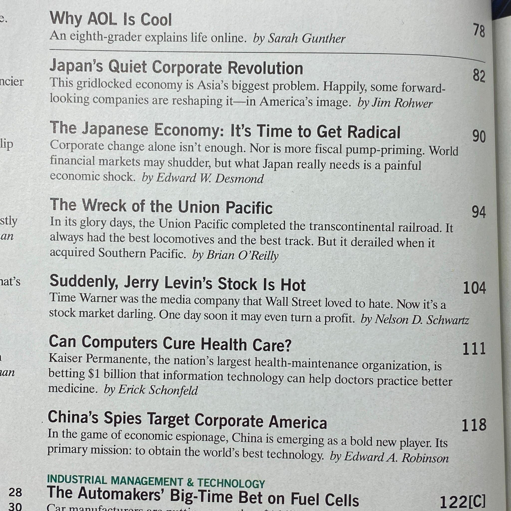 Inside page of Fortune Magazine, March 30, 1998, displaying article titles including 'Why AOL Is Cool' and 'Japan’s Quiet Corporate Revolution', reflecting the late 90s tech landscape.