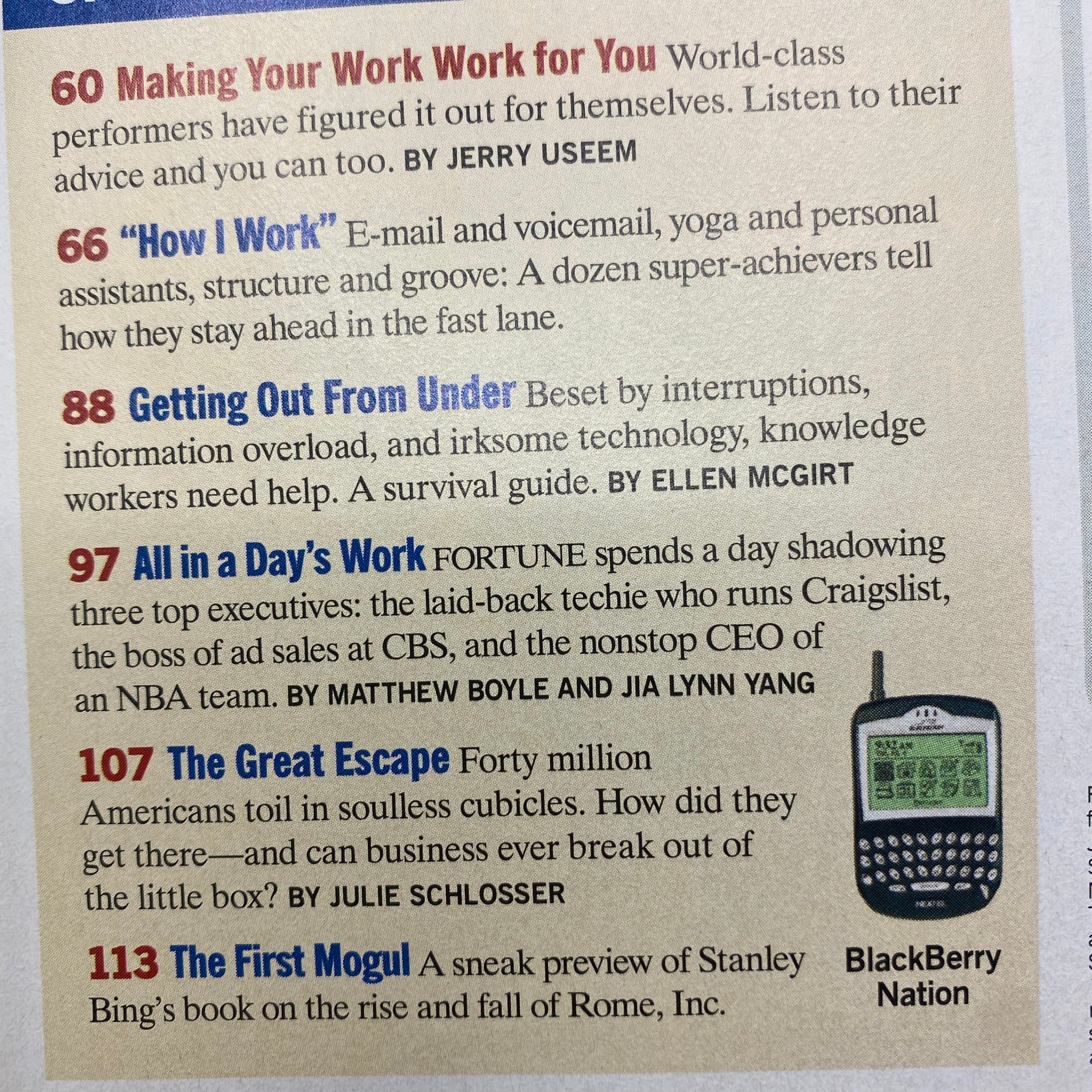 Interior page of Fortune Magazine March 20, 2006 showcasing article titles such as 'Making Your Work Work for You' and 'How I Work', emphasizing work-life balance and industry insights.