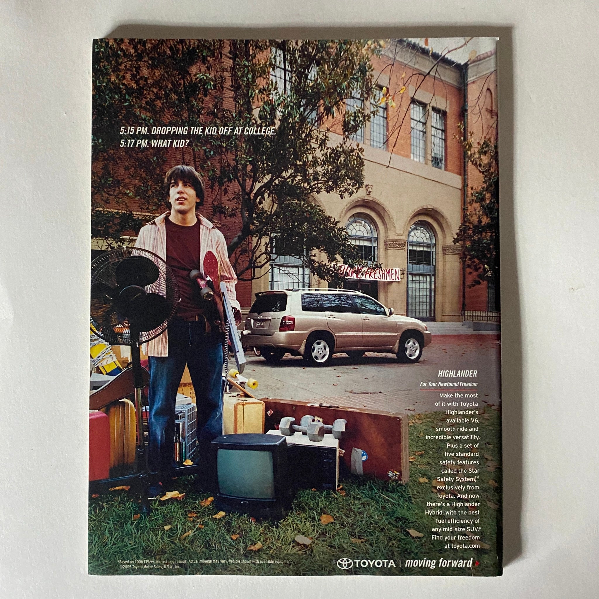 Back cover of Fortune Magazine March 20, 2006 featuring a depiction of a man surrounded by luggage and electronics with a Toyota advertisement, illustrating modern life challenges.