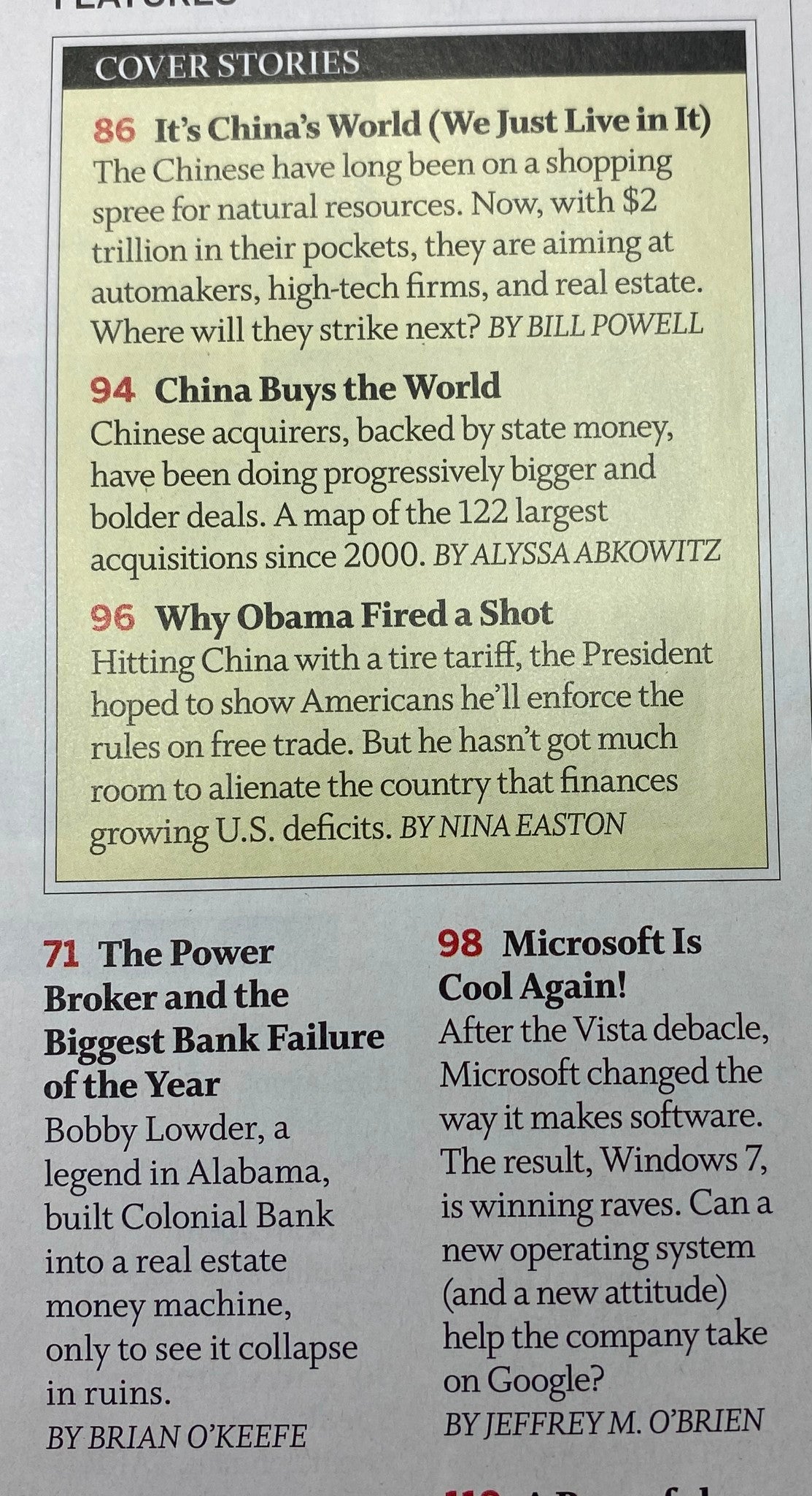 Interior page of Fortune Magazine from October 26, 2009, showcasing the article 'It’s China’s World (We Just Live in It)', along with headlines for other articles like 'Why Obama Fired a Shot' and 'The Power Broker and the Biggest Bank Failure of the Year'.