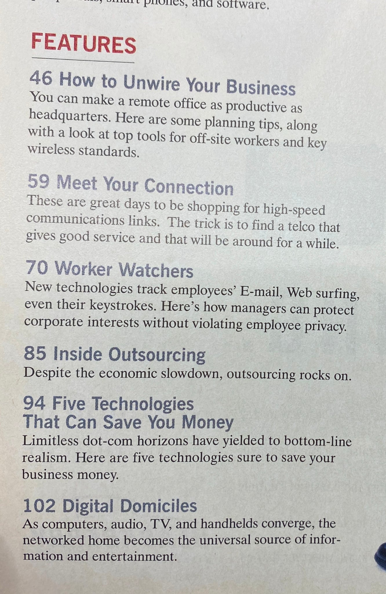 Inside features page of Fortune Magazine Summer 2001 Working Wireless Special Issue, listing key articles including 'How to Unwire Your Business' and 'Meet Your Connection' focused on remote work and technology.