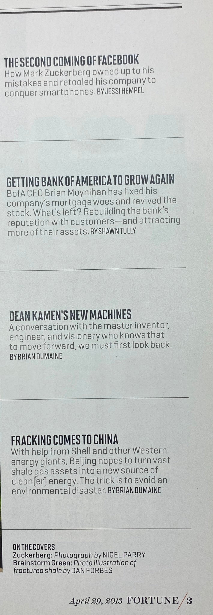 Inside page of Fortune Magazine April 29, 2013 showcasing articles like 'The Second Coming of Facebook' discussing Mark Zuckerberg's evolution, 'Bank of America’s Growth Strategies,' and insights on Dean Kamen's innovations and fracking in China.