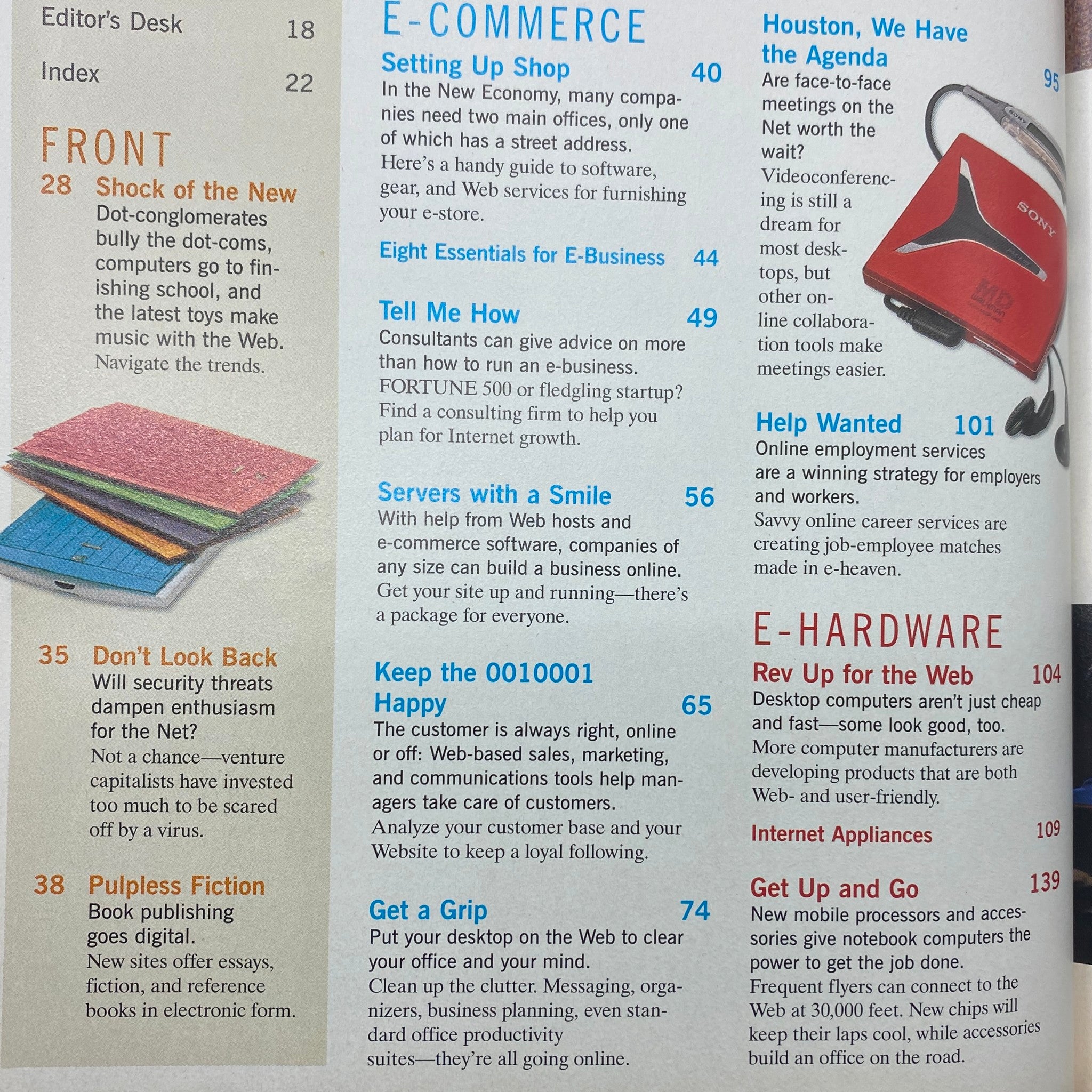 Fortune Magazine Summer 2000 issue featuring the article '8 E-Business Innovations You Absolutely Need,' showcasing sections like 'Shock of the New' and 'Servers with a Smile,' highlighting trends in e-commerce.