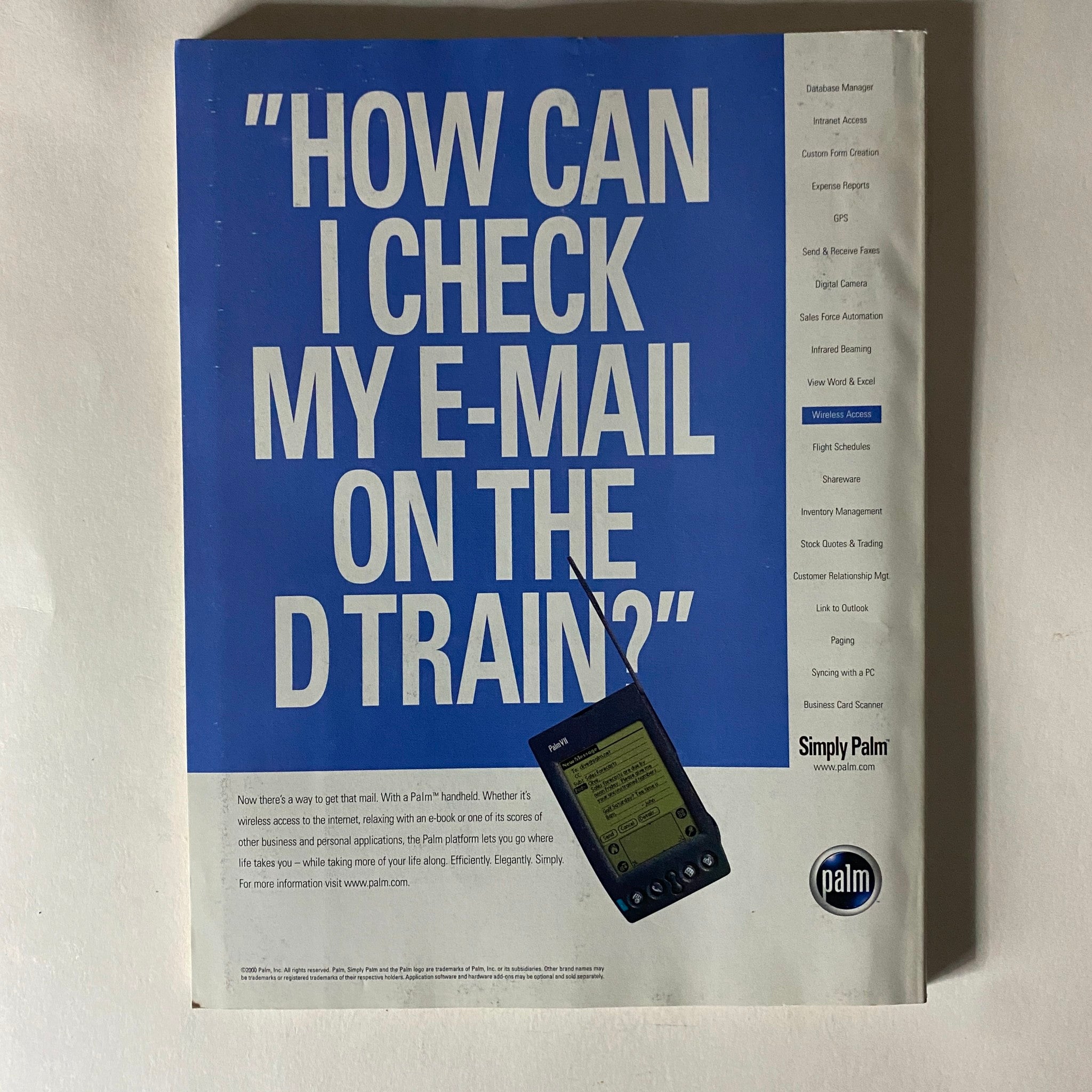 Advertisement from Fortune Magazine Summer 2000 promoting Palm's mobile technology with the slogan 'How Can I Check My E-Mail on the D Train?' emphasizing the evolution of e-business communication.