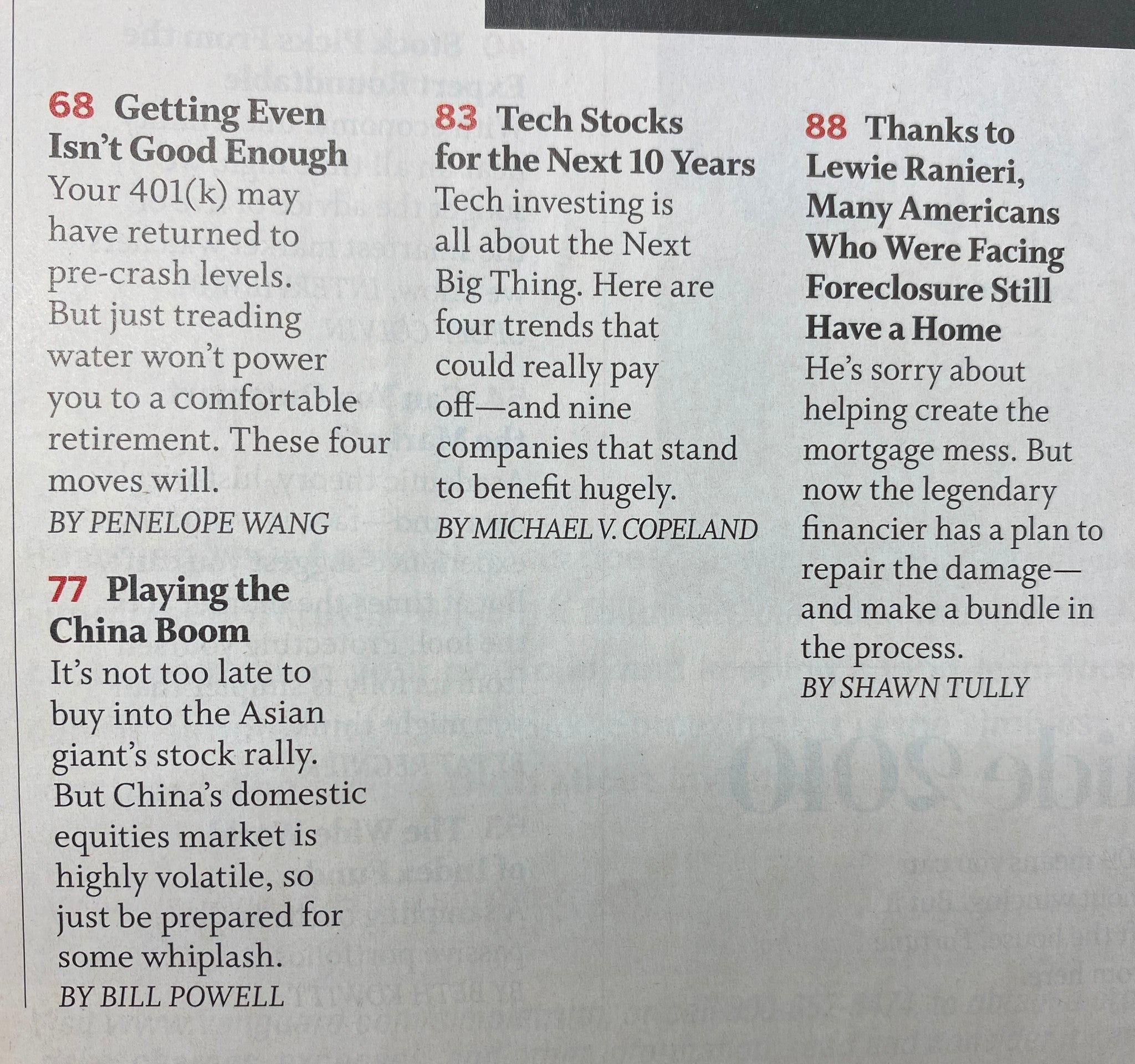 Page excerpt from Fortune Magazine December 21, 2009 discussing strategies for retirement savings titled 'Getting Even Isn’t Good Enough' and analysis on 'Tech Stocks for the Next 10 Years'.