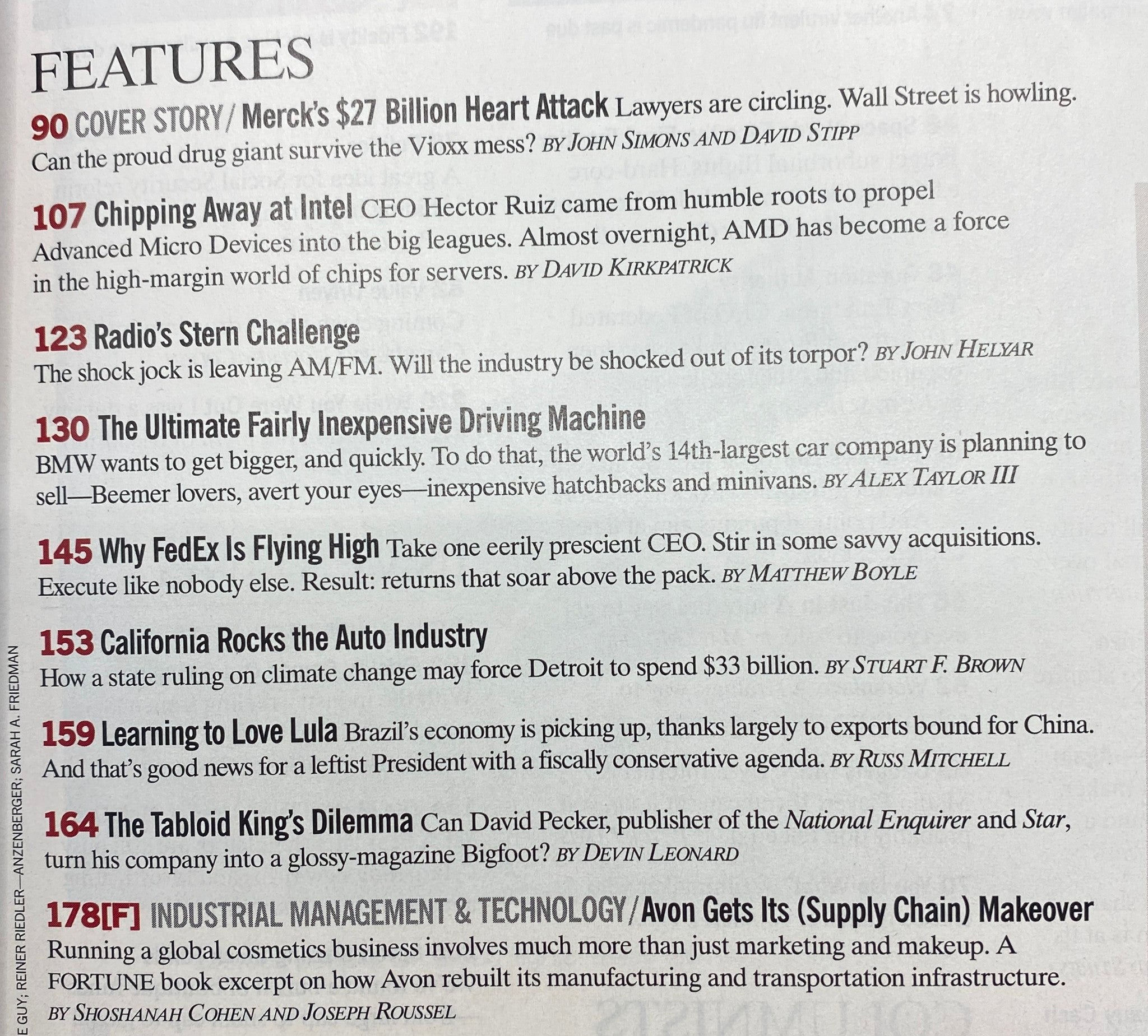 Interior page of Fortune Magazine from November 1, 2004, showcasing the features section including articles related to Merck's $27 Billion Heart Attack, economic insights, and corporate accountability issues.