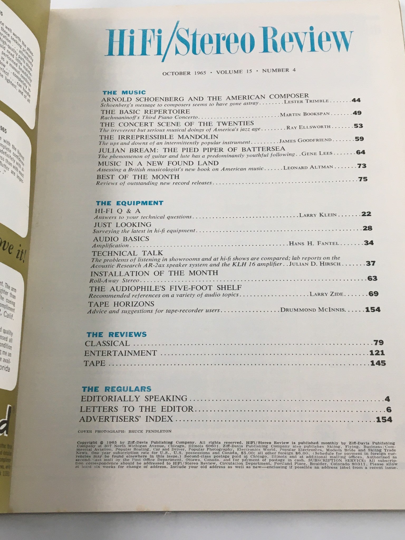 Interior page of VTG HiFi/Stereo Review Magazine October 1965 listing articles including Julian Bream: The Pied Piper of Battersea, showcasing the magazine's content and structure.