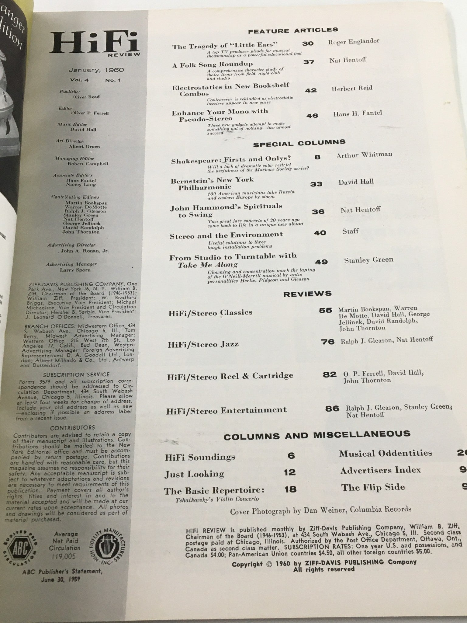 Inside page of VTG HiFi Review Magazine January 1960, detailing feature articles and columns including discussions on classical music and audio technology.