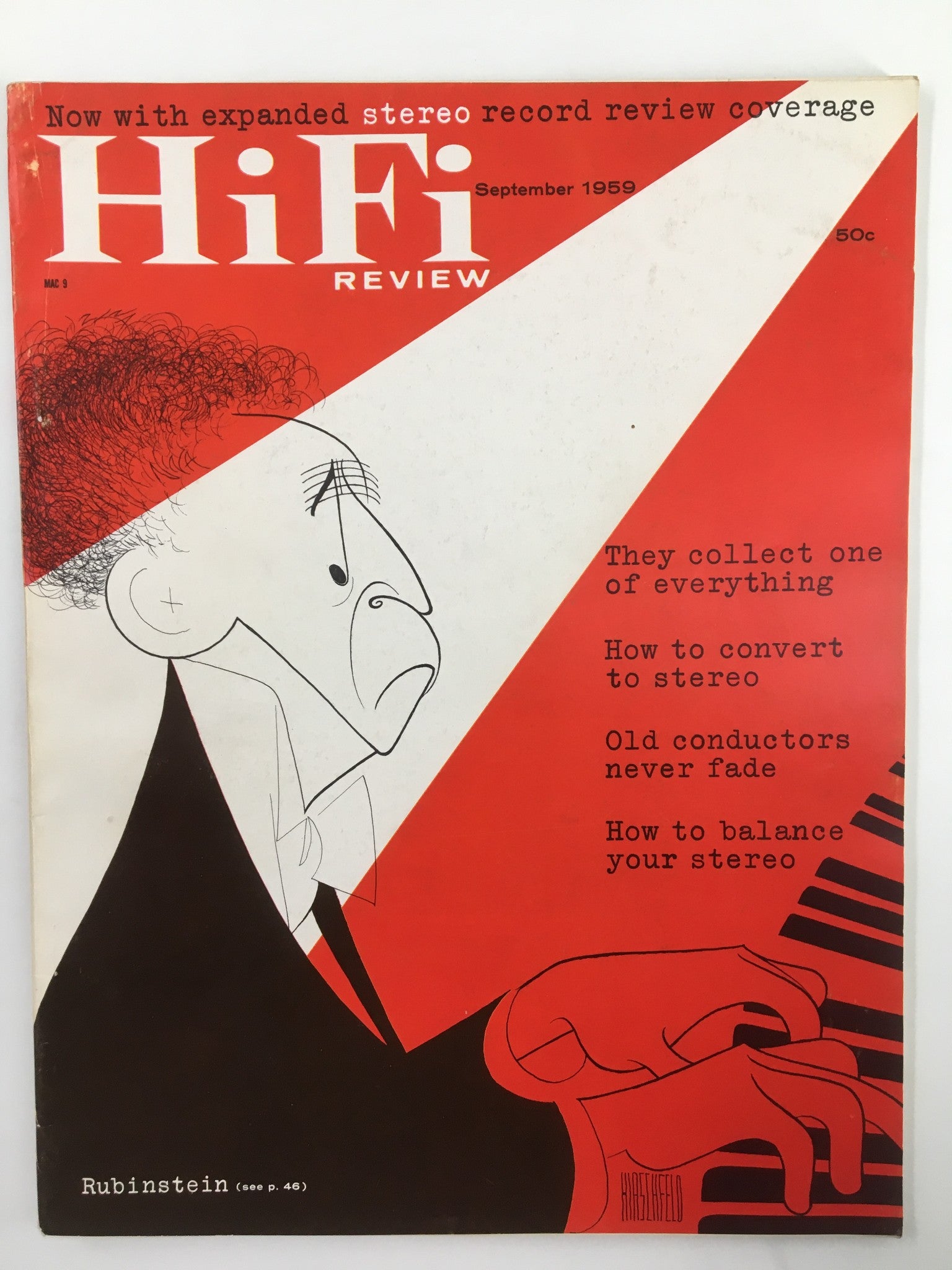 Cover of VTG HiFi Review Magazine September 1959 featuring Anton Rubinstein, with bold graphics and headlines highlighting articles about stereo sound and vintage music.