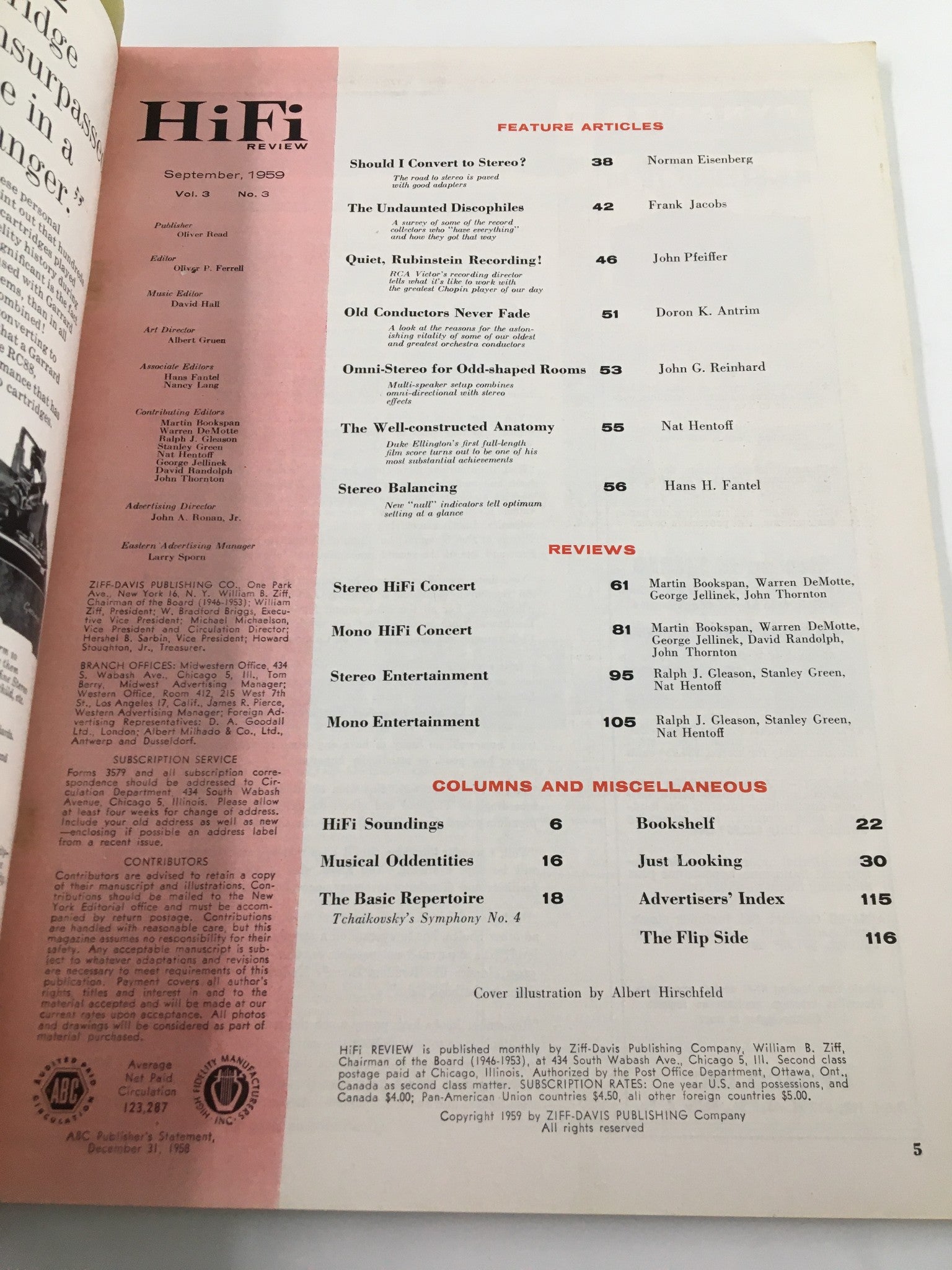 Inside page of VTG HiFi Review Magazine September 1959, listing feature articles and reviews, showcasing content related to audio technology and historical musicians.