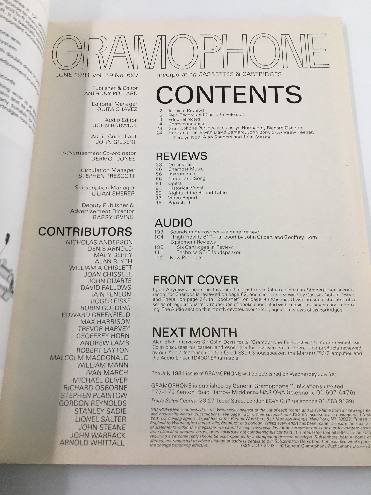 Contents page of VTG Gramophone Magazine June 1981, showcasing articles and reviews related to classical music and featuring contributions from notable musicians and critics.