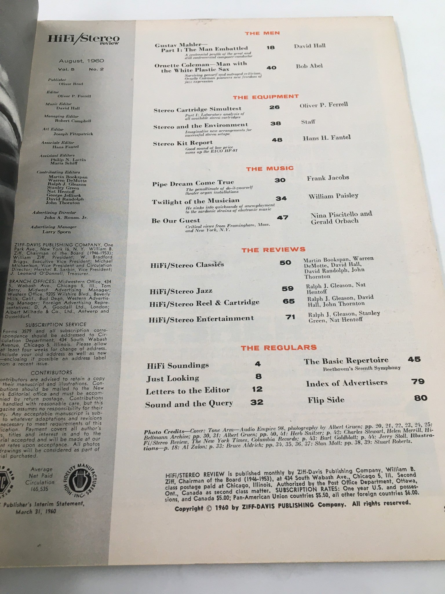 Table of contents from VTG HiFi/Stereo Review Magazine August 1960 listing articles on Gustav Mahler, Ornette Coleman, and various music equipment reviews.