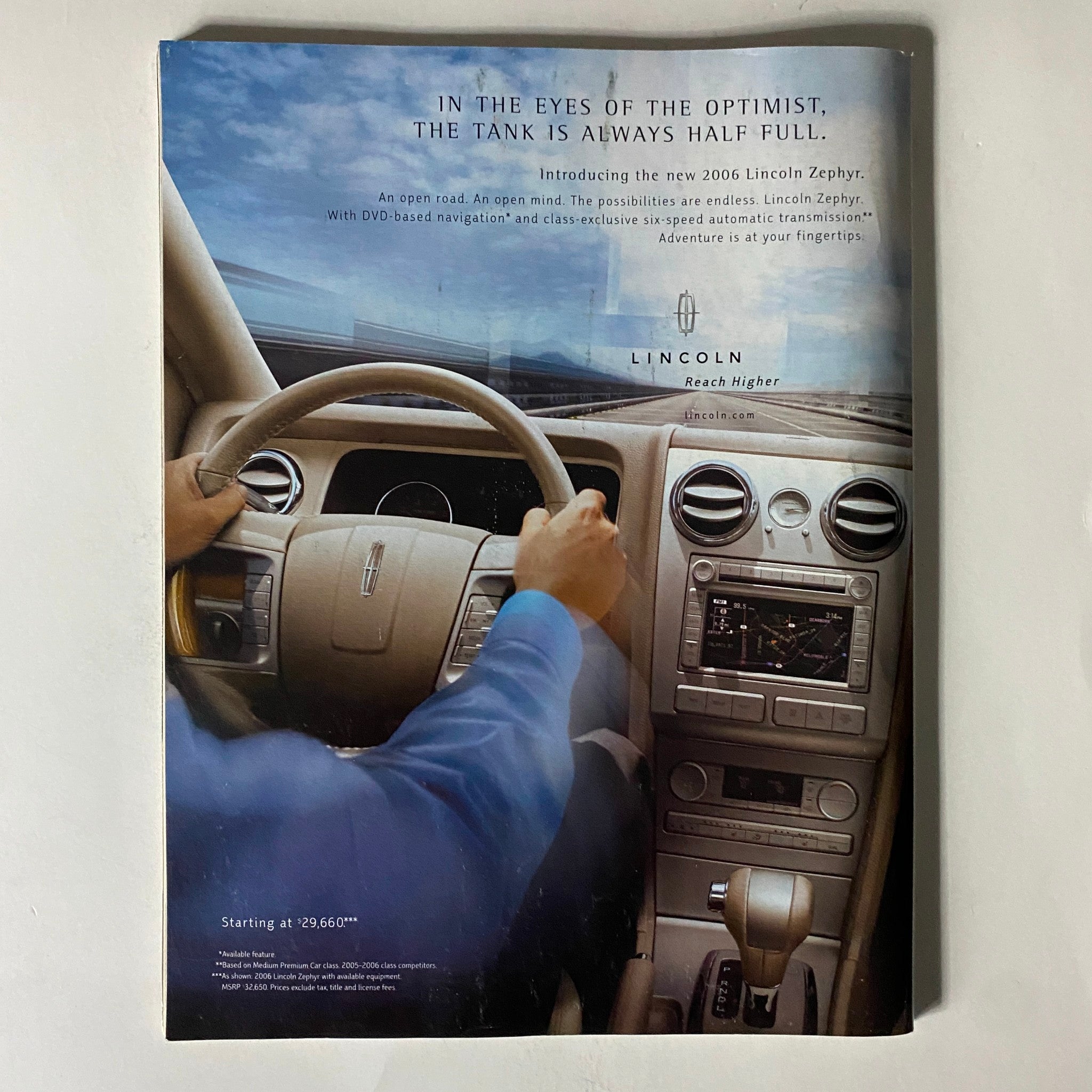 Fortune Magazine May 1, 2006 advertisement introducing the 2006 Lincoln Zephyr, showcasing its features and optimistic driving experience.