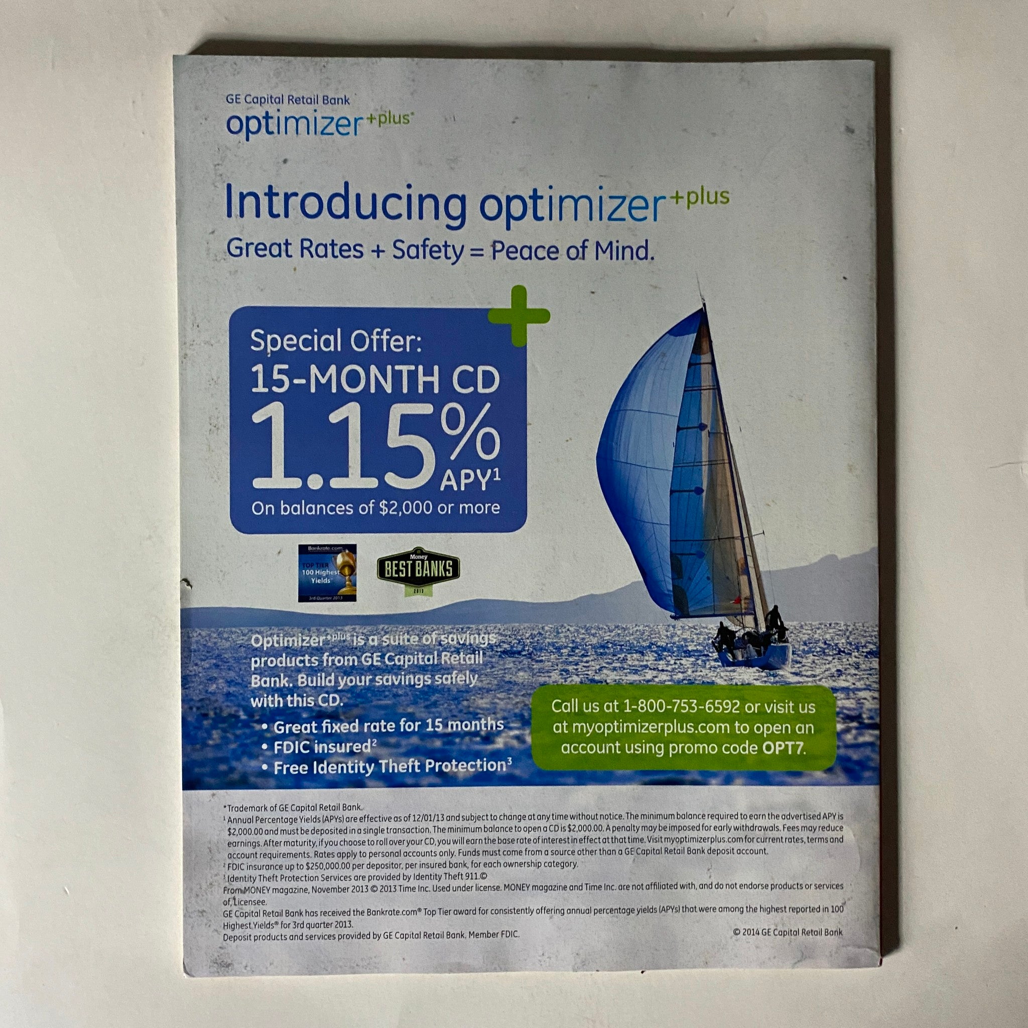 Back cover of GE Capital Retail Bank advertisement in Fortune Magazine January 13, 2014, promoting the optimizer plus CD with competitive rates.