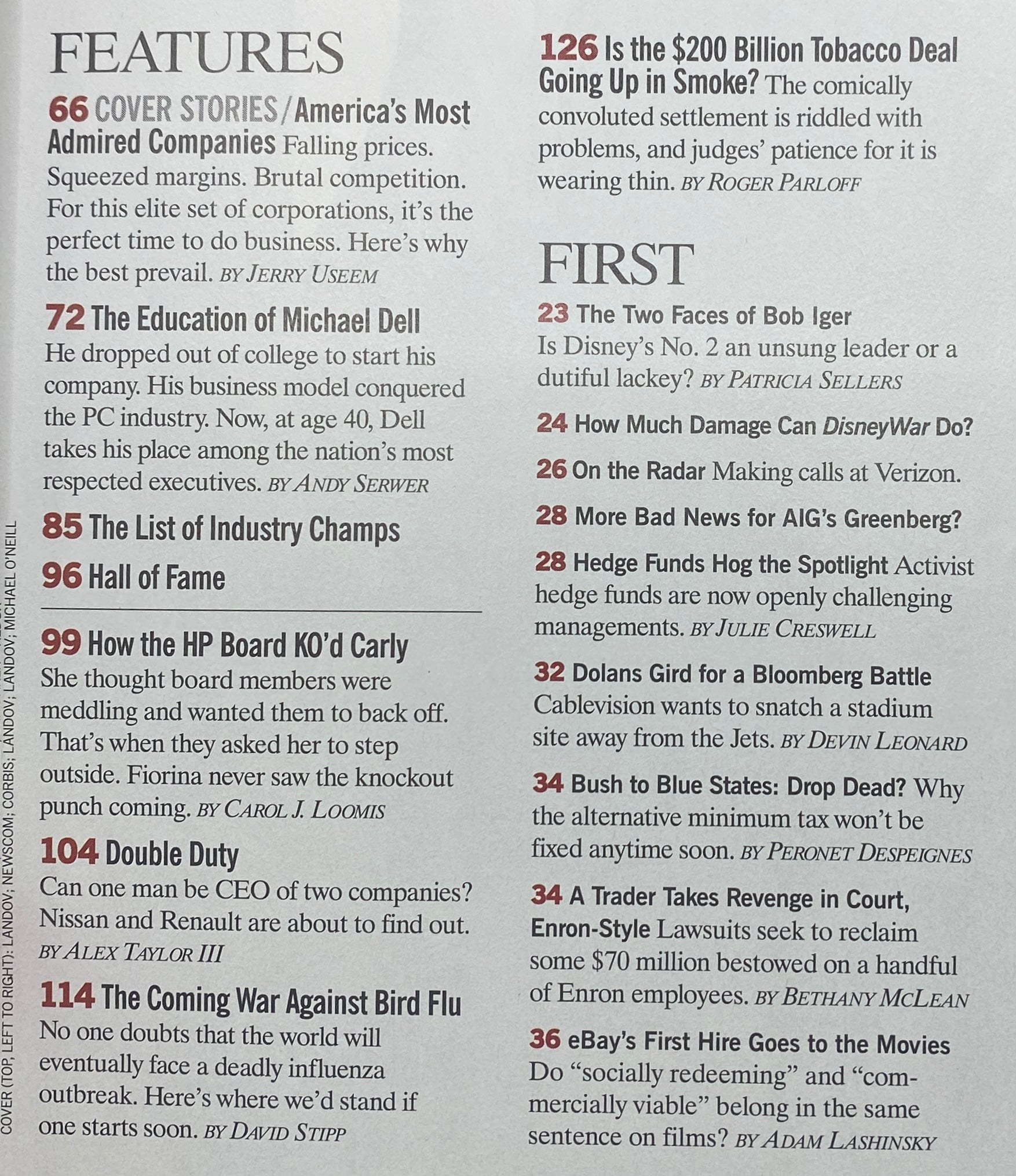 Inside page of Fortune Magazine March 7, 2005, showcasing features including 'America’s Most Admired Companies,' 'The Education of Michael Dell,' and more.