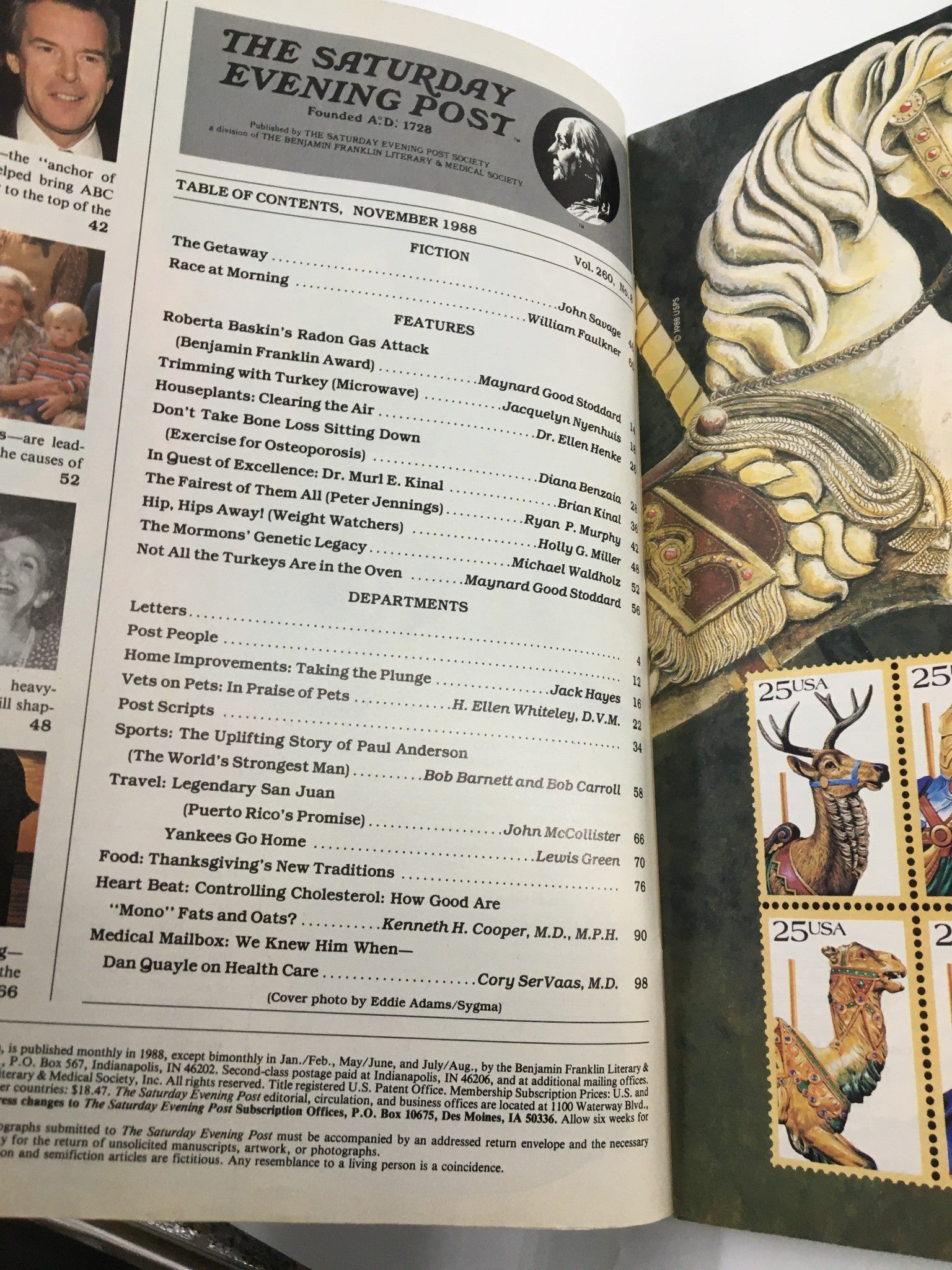 Inside page of The Saturday Evening Post, November 1988, displaying the table of contents for the issue. Highlights include articles on Thanksgiving traditions and health, as well as contributions from notable writers.
