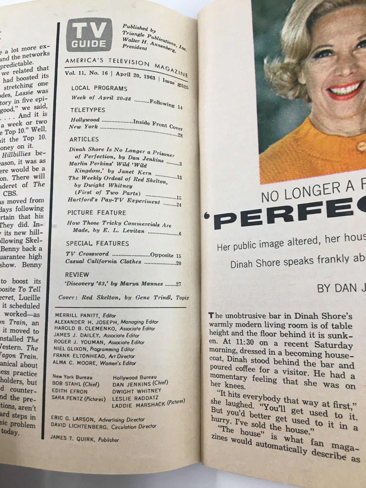 Interior page of TV Guide Magazine April 20 1963 with articles list including 'The Weekly Ordeal of Red Skelton' and features by Dan Jenkins and others.