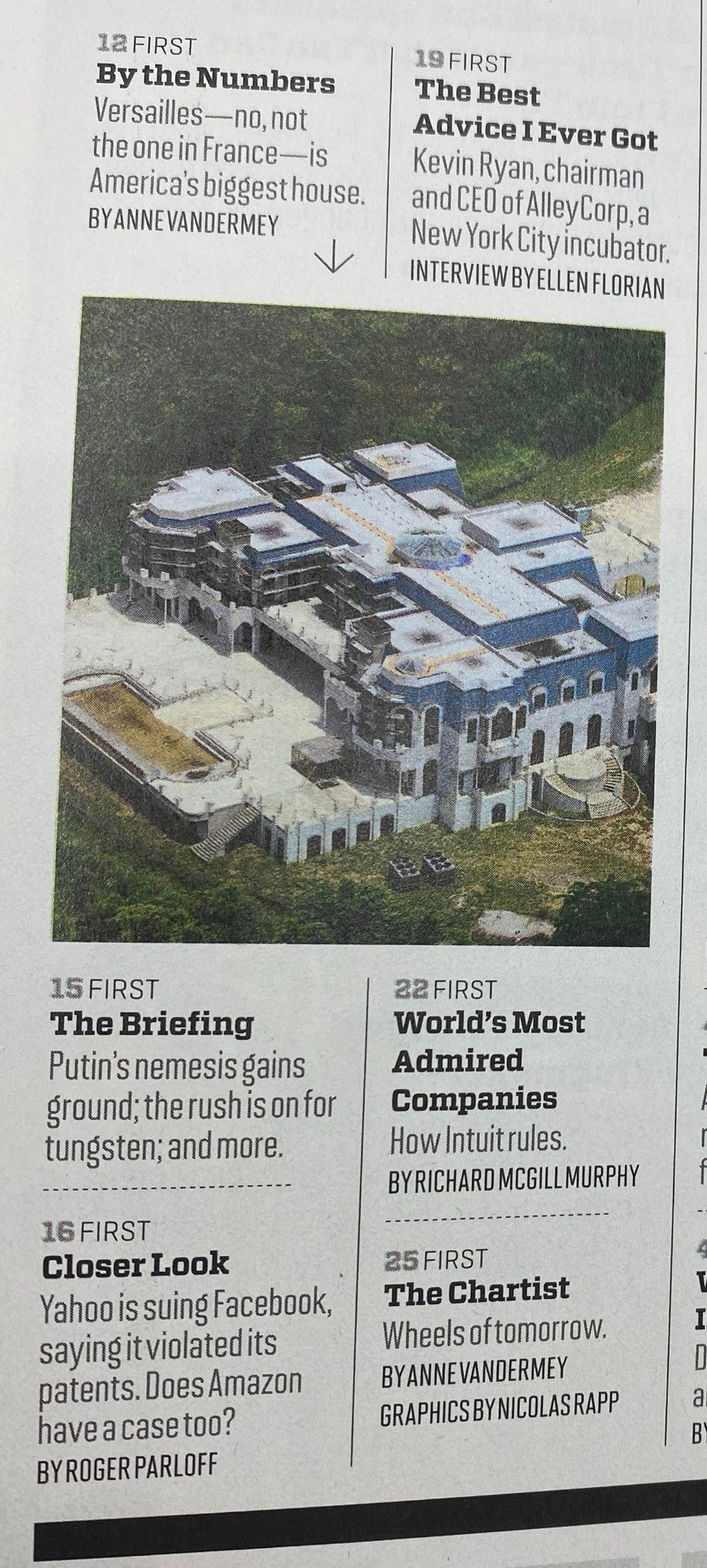 Interior page of Fortune Magazine April 9, 2012, showcasing an article titled 'By the Numbers' about the largest house in America, along with insights from Kevin Ryan in 'The Best Advice I Ever Got'.