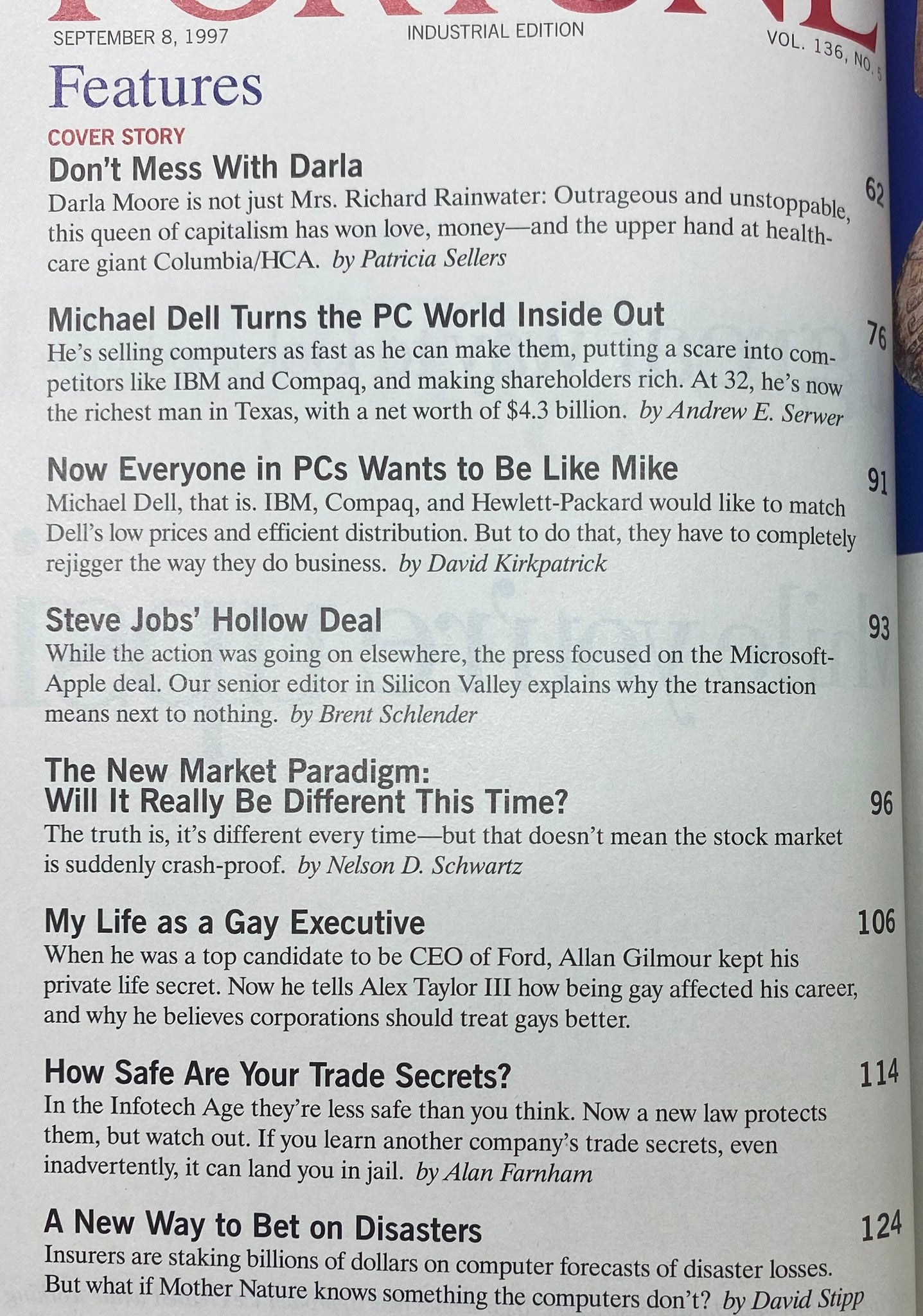 Contents page of Fortune Magazine September 8, 1997 featuring the cover story 'Don’t Mess With Darla' about Darla Moore, along with articles by Michael Dell and discussions on technology and business.