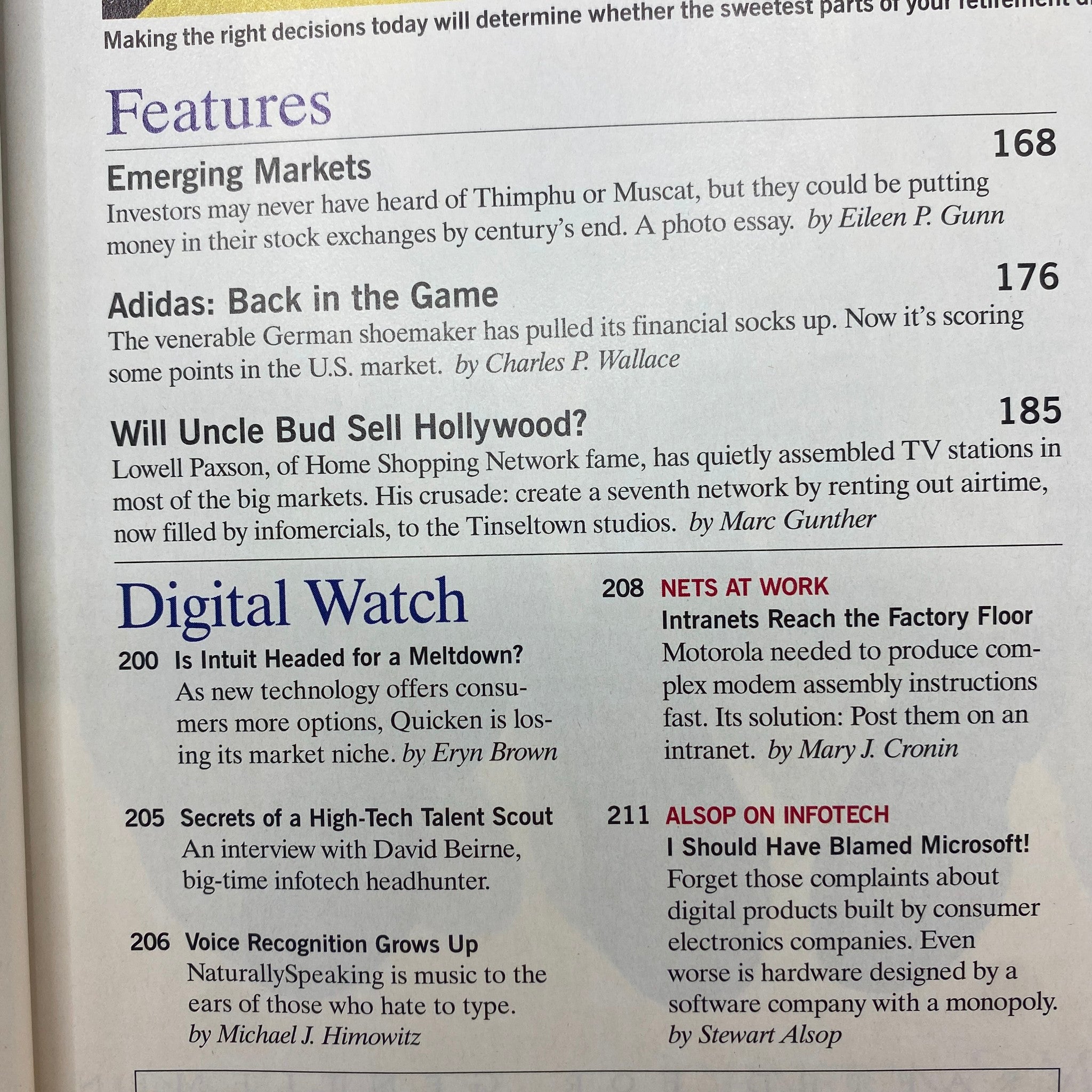 Inside content of Fortune Magazine August 18, 1997, listing features such as 'Emerging Markets' and 'Adidas: Back in the Game,' highlighting investment strategies and economic insights.