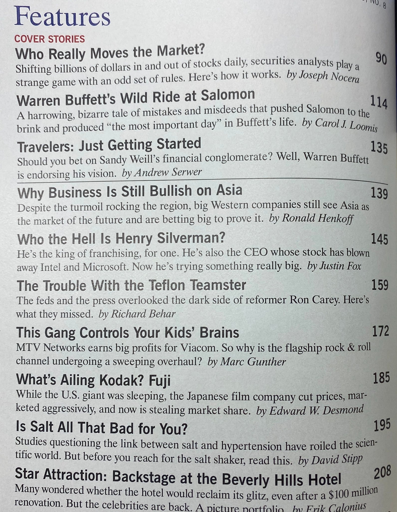 Page from Fortune Magazine October 27, 1997 displaying the features section, including articles on market influences and notable personalities like Warren Buffett.