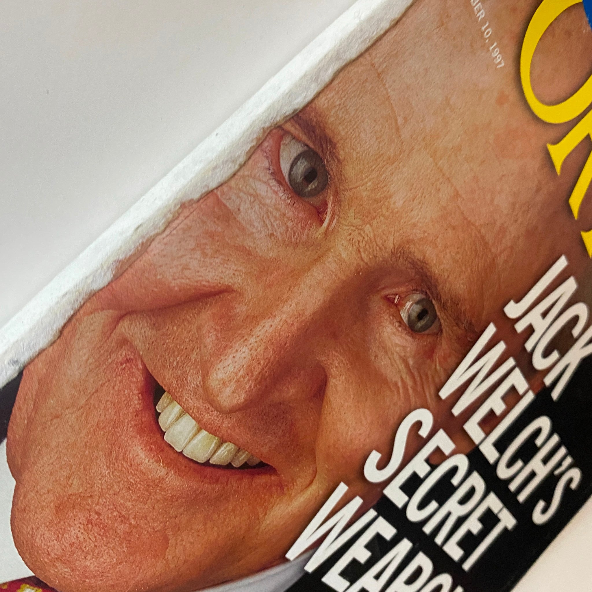 Close-up of Fortune Magazine cover from November 10, 1997 with Jack Welch's Secret Weapon and a focus on his smile.