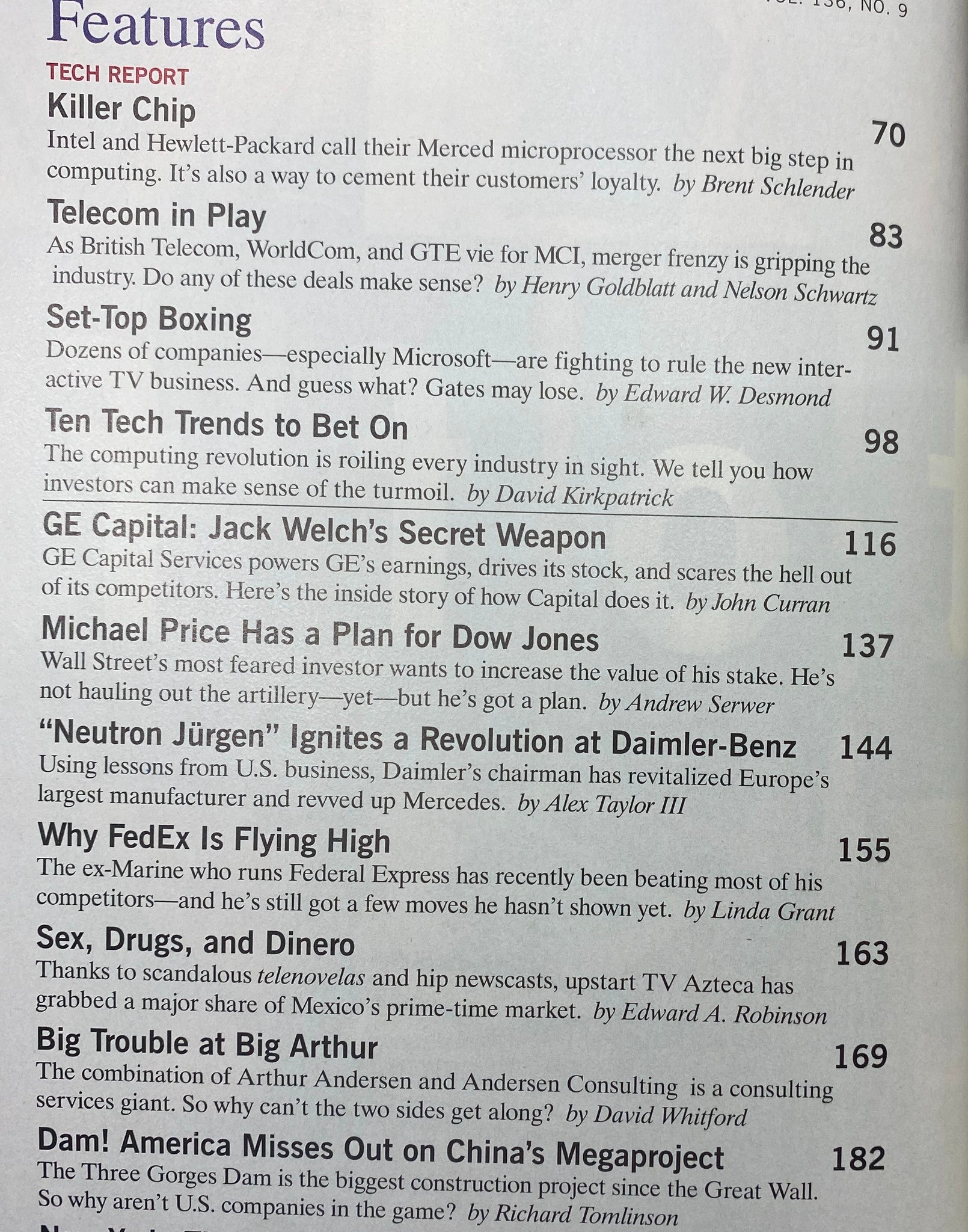 Table of contents features from Fortune Magazine November 10, 1997 showcasing articles like 'Killer Chip', 'Telecom in Play', and 'Jack Welch's Secret Weapon'.
