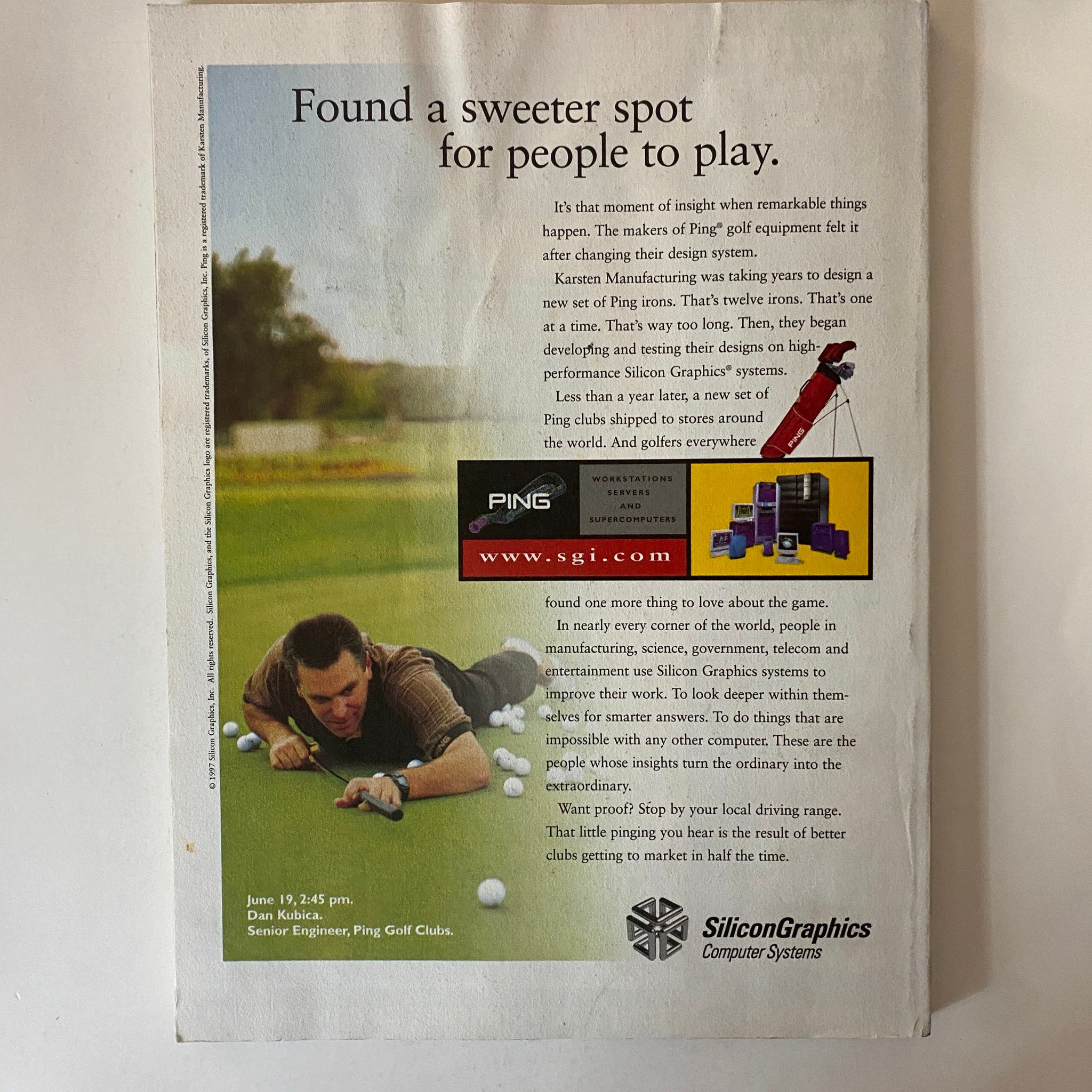 Back cover advertisement of a golf club manufacturing company featuring a golfer, promoting Ping golf equipment and Silicon Graphics workstations from Fortune Magazine November 10, 1997.