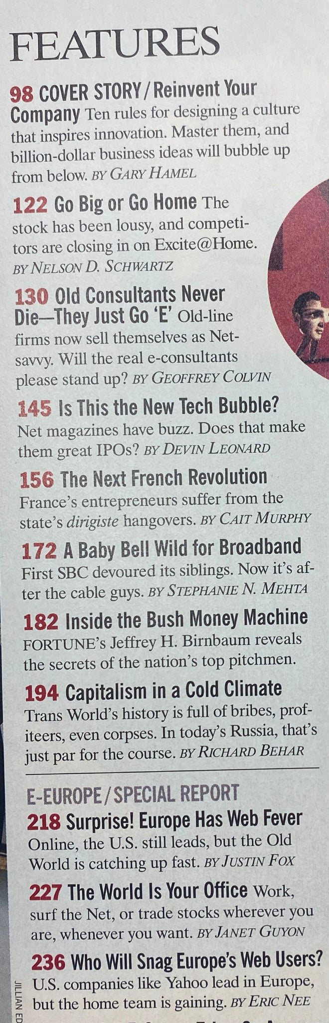 Inside page of Fortune Magazine June 12, 2000, highlighting features including the cover story 'Reinvent Your Company' and various business articles related to technology and consulting.