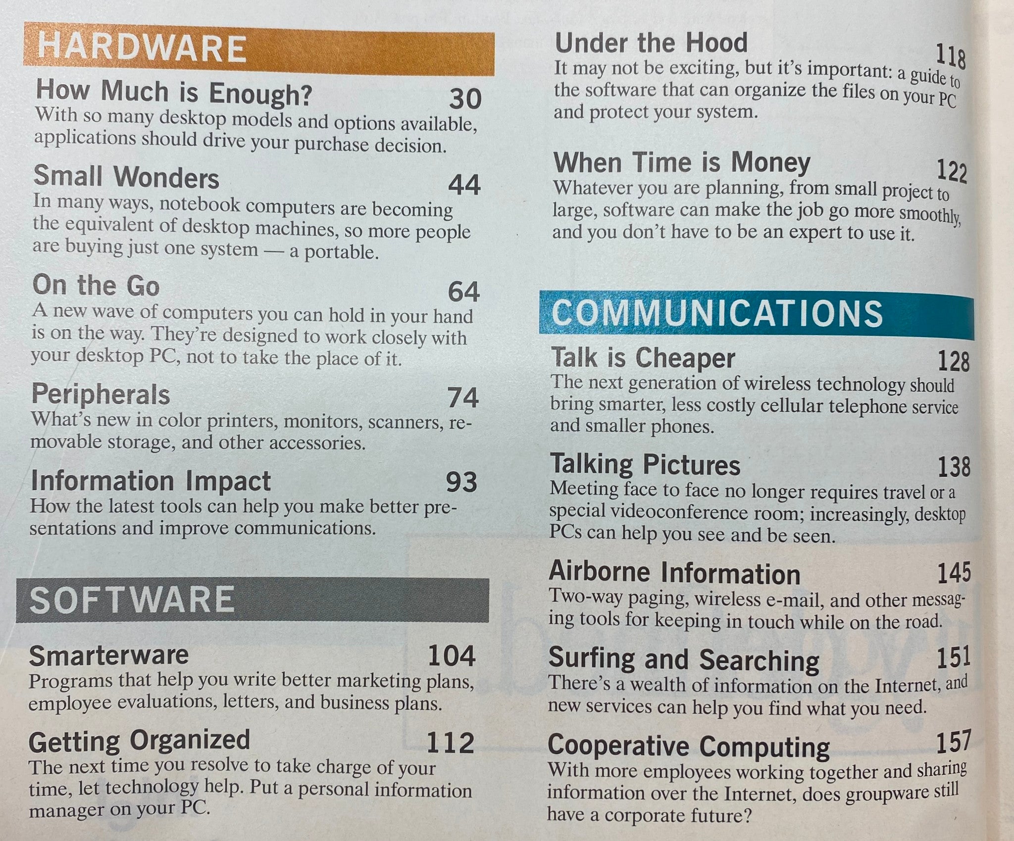 Fortune Magazine Winter 1997 content overview page featuring sections on Hardware, Software, and Communications topics discussing innovative technology and consumer insights.