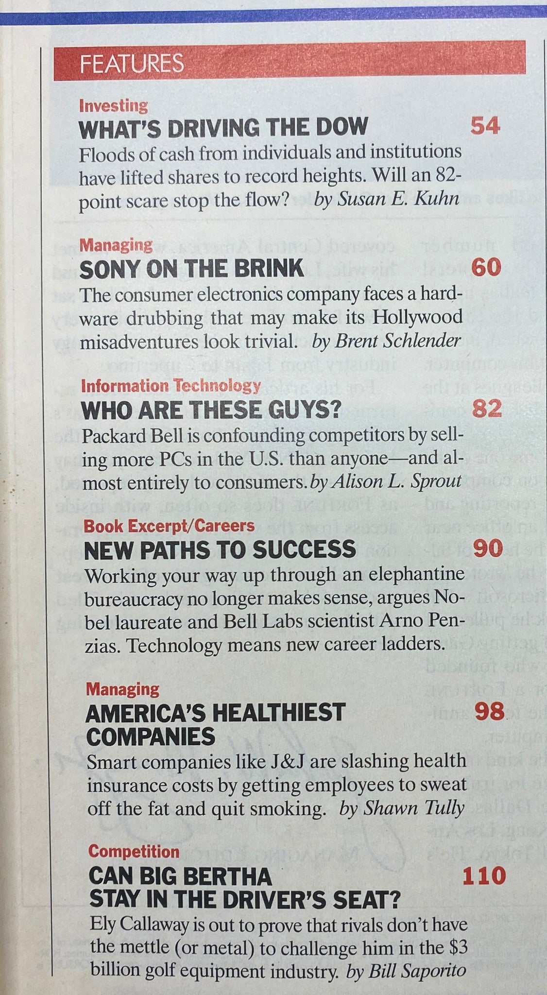 Page from the June 12, 1995 issue of Fortune Magazine, displaying the features section with titles including 'What's Driving the Dow' and 'Can Big Bertha Stay in the Driver's Seat?'