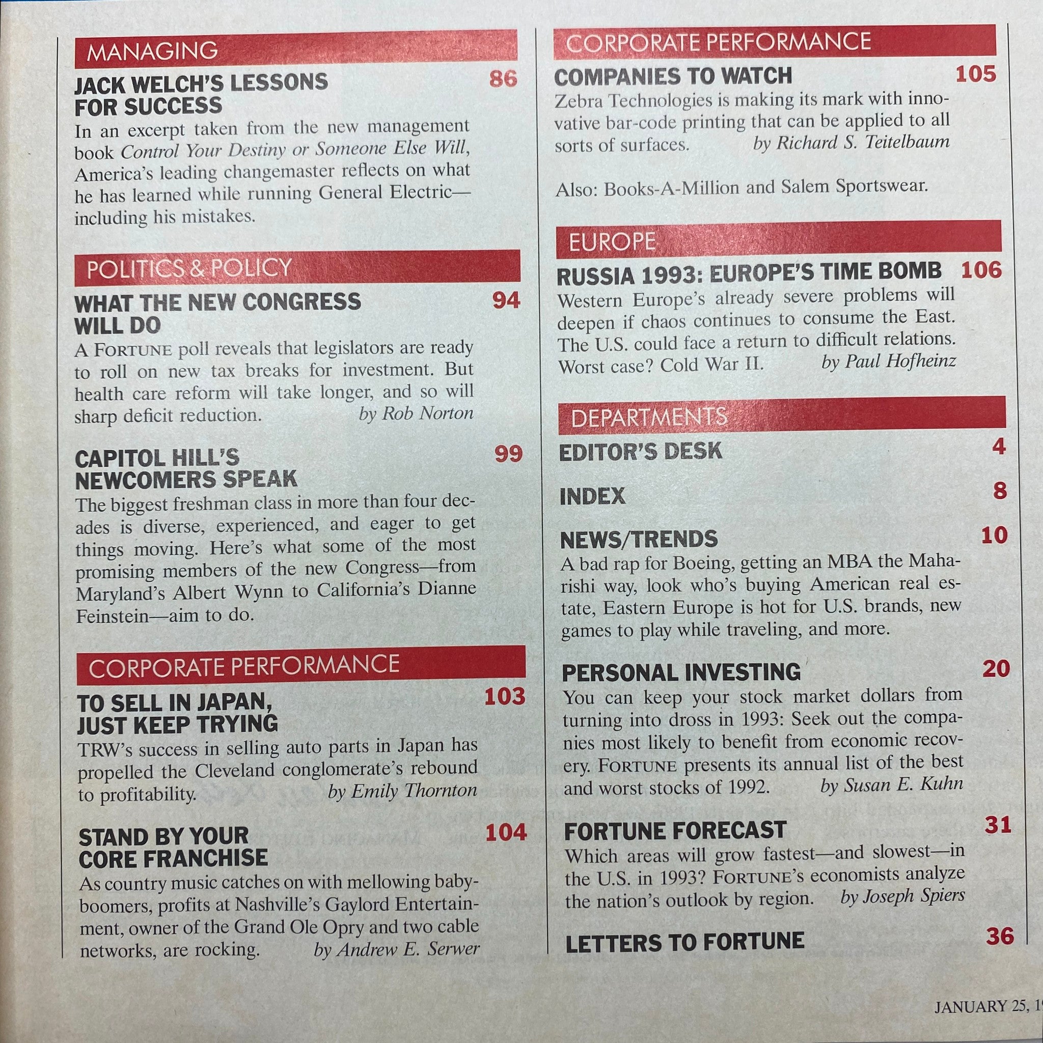 Table of contents page from Fortune Magazine January 25, 1993, highlighting key articles such as "Jack Welch's Lessons for Success" and "What the New Congress Will Do".