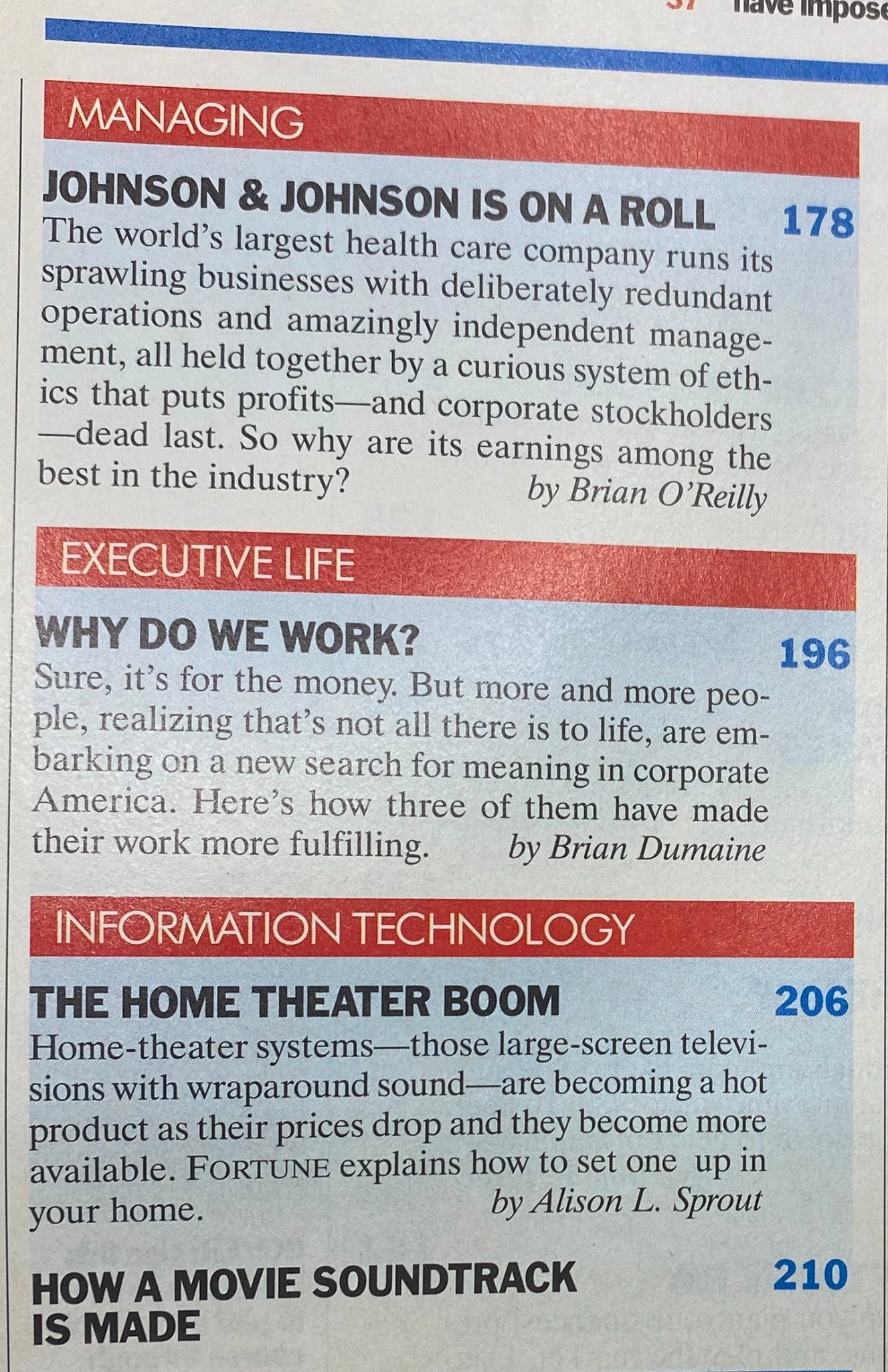 Interior page of Fortune Magazine December 26, 1994 displaying articles on Johnson & Johnson and workplace fulfillment, relevant to the Investor's Guide 1995.