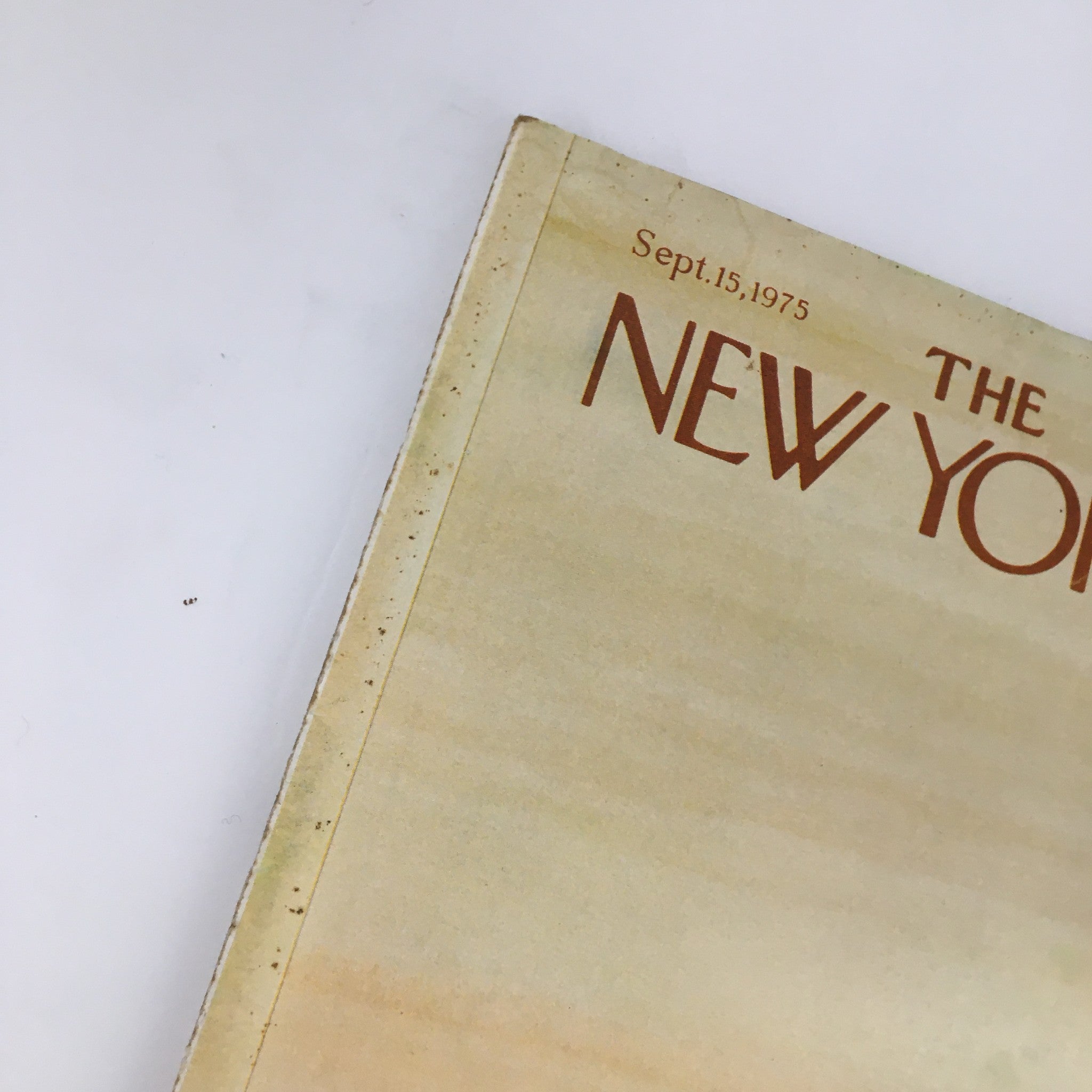Close-up of the cover of The New Yorker Magazine September 15 1975, focusing on the title and date with a watercolor background.