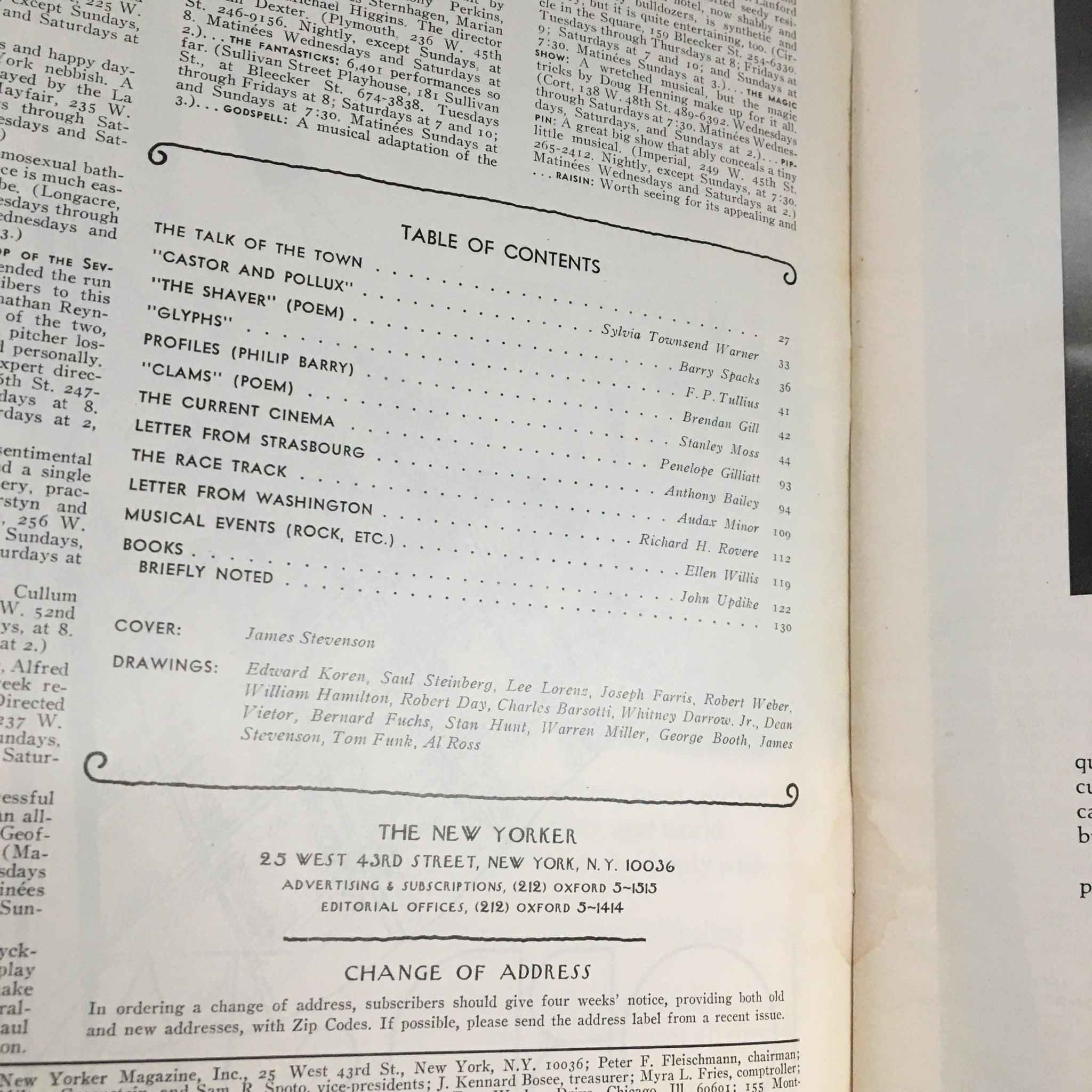 Inside page of The New Yorker Magazine September 15 1975 showing the table of contents and credits, highlighting articles and the cover artist James Stevenson.