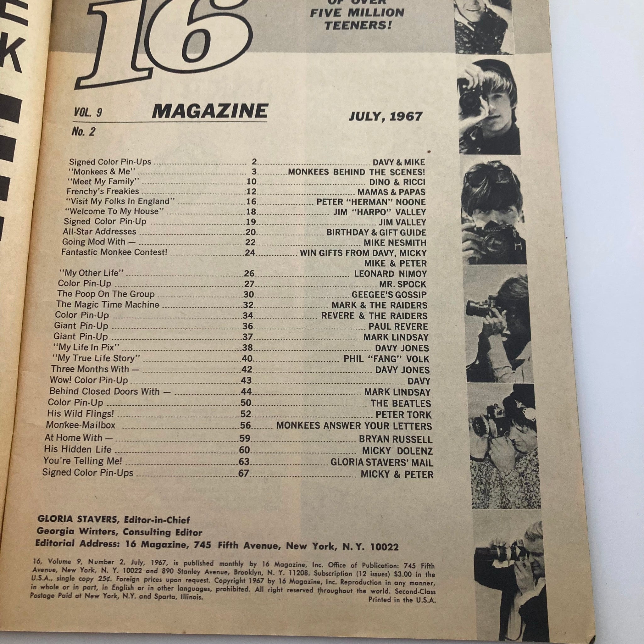 VTG 16 Magazine July 1967 Vol 9 No. 2 Davy Jones, The Monkees No Label