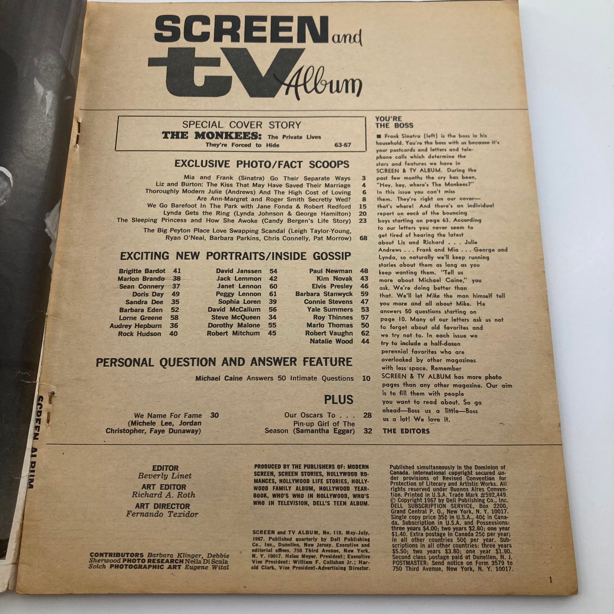 VTG Screen and TV Album Magazine July 1967 No. 119 The Monkees No Label