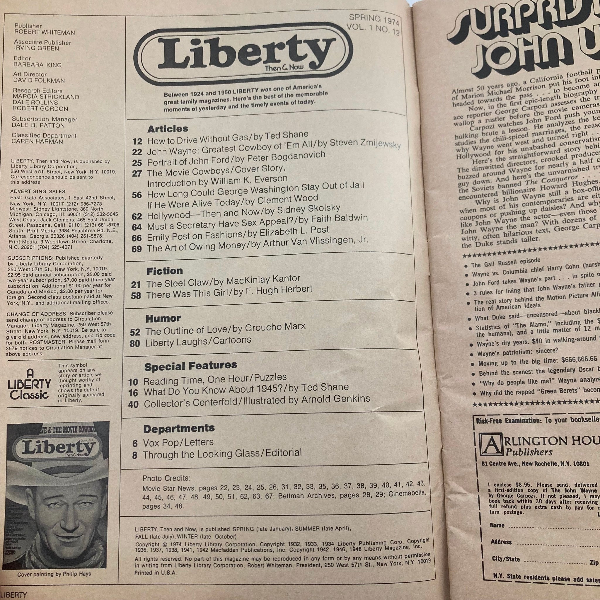 Interior pages of the VTG Liberty Then & Now Magazine Spring 1974 Vol 1 No. 12, featuring an article on John Wayne, including the table of contents and historical context relevant to the 1970s era.