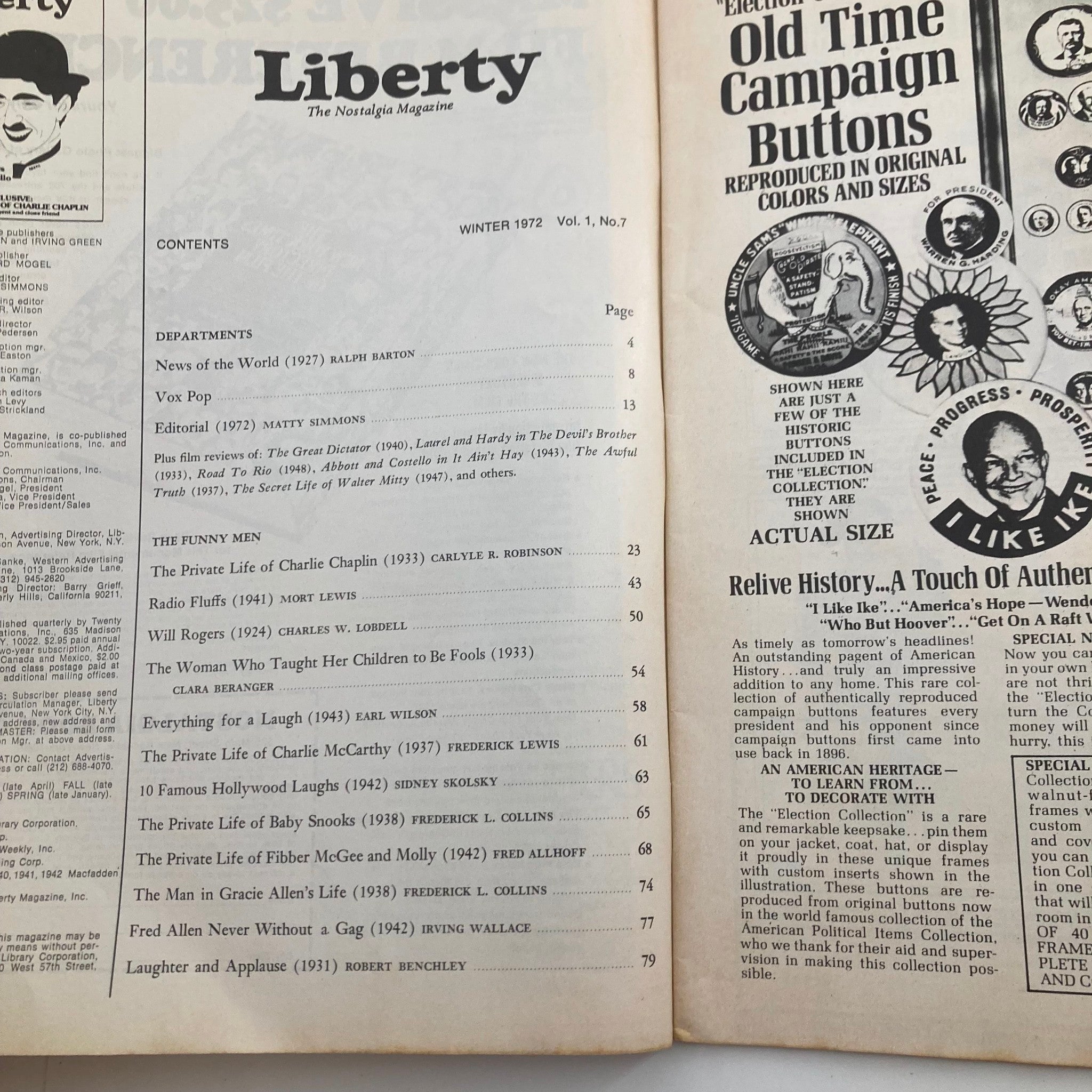 VTG Liberty The Nostalgia Magazine Winter 1972 Charlie Chaplin No Label