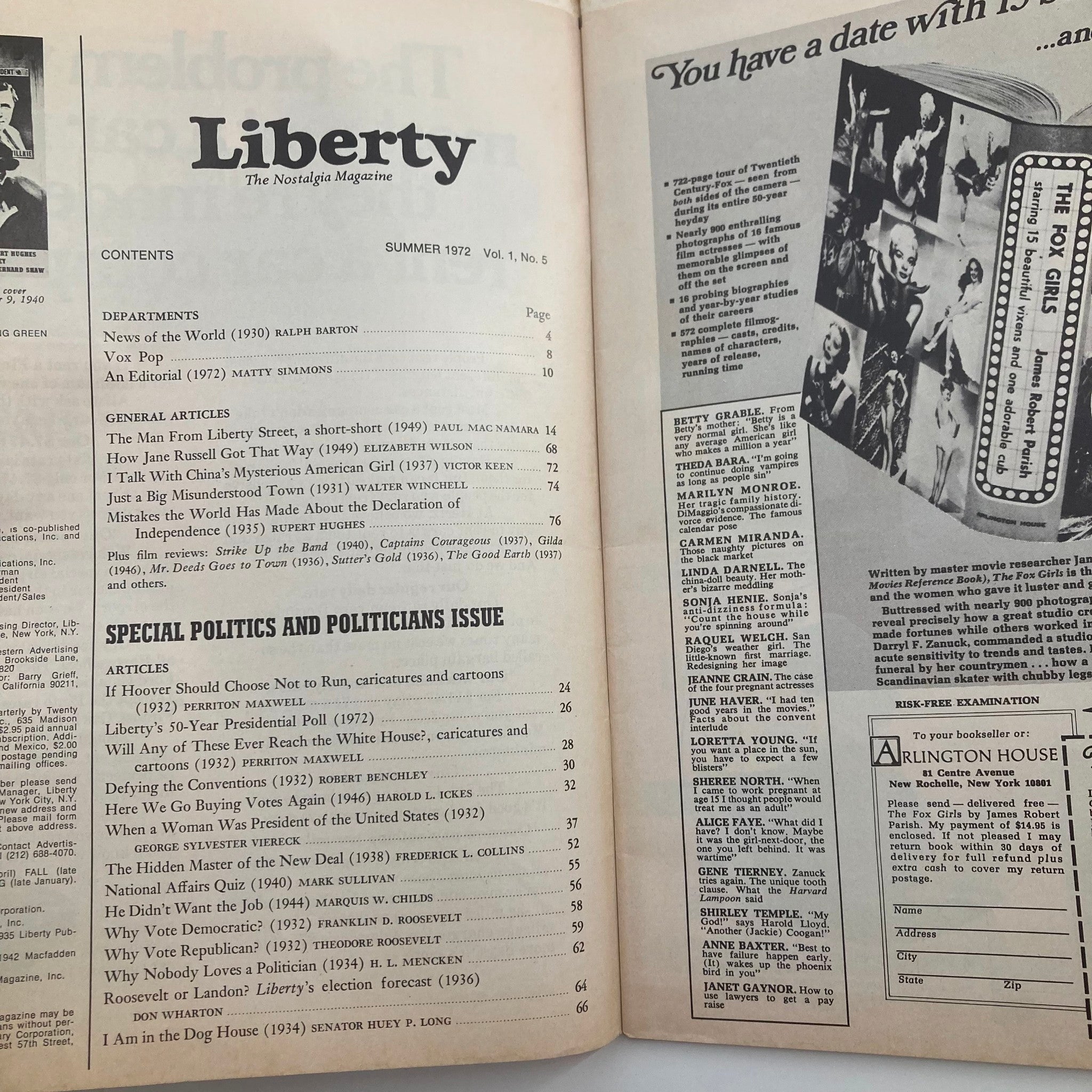 VTG Liberty The Nostalgia Magazine Summer 1972 Politics & Politicians No Label