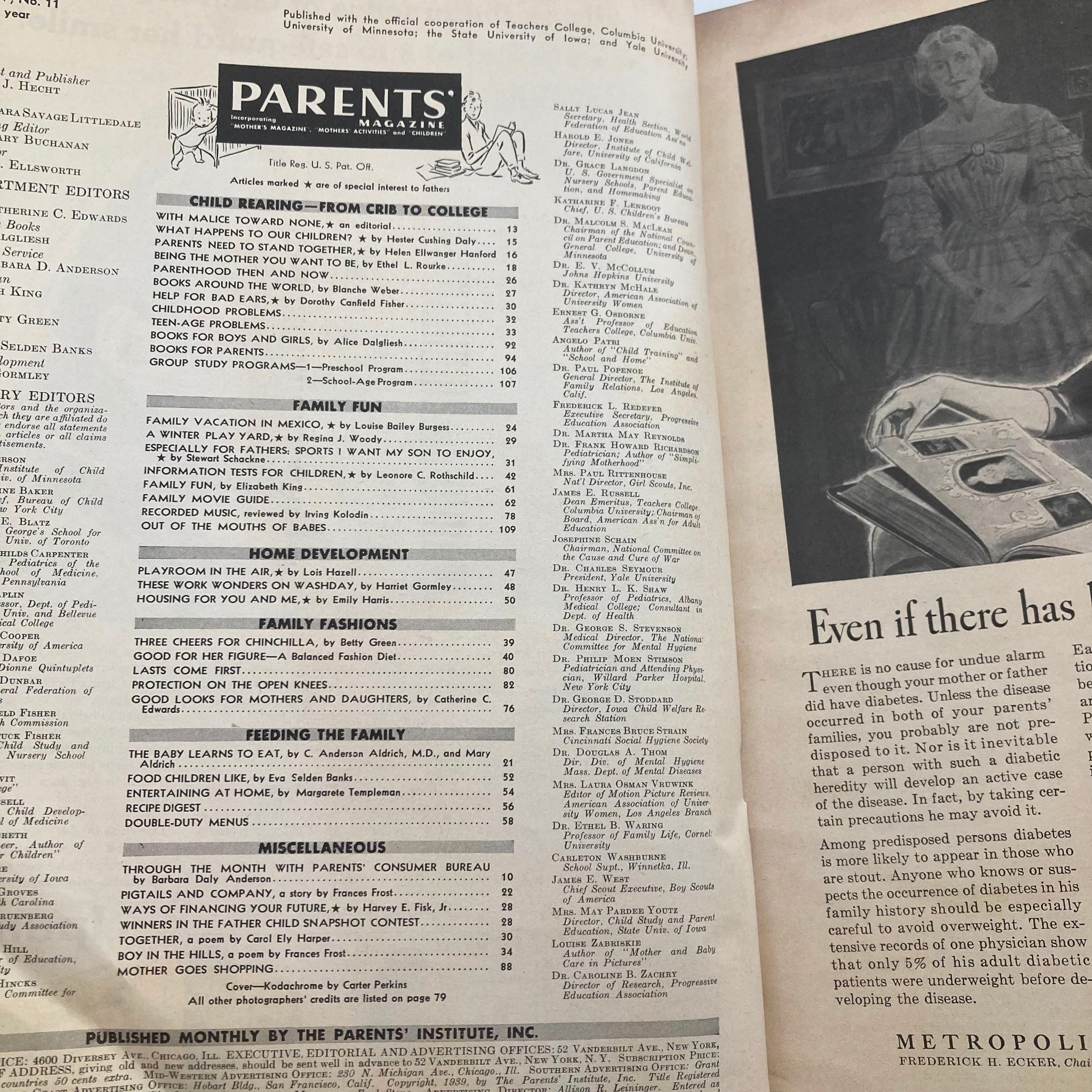 Interior page of VTG Parents' Magazine November 1939 displaying the table of contents, offering a glimpse into articles on child-rearing and family fun, reflecting the parenting practices of the 1930s.