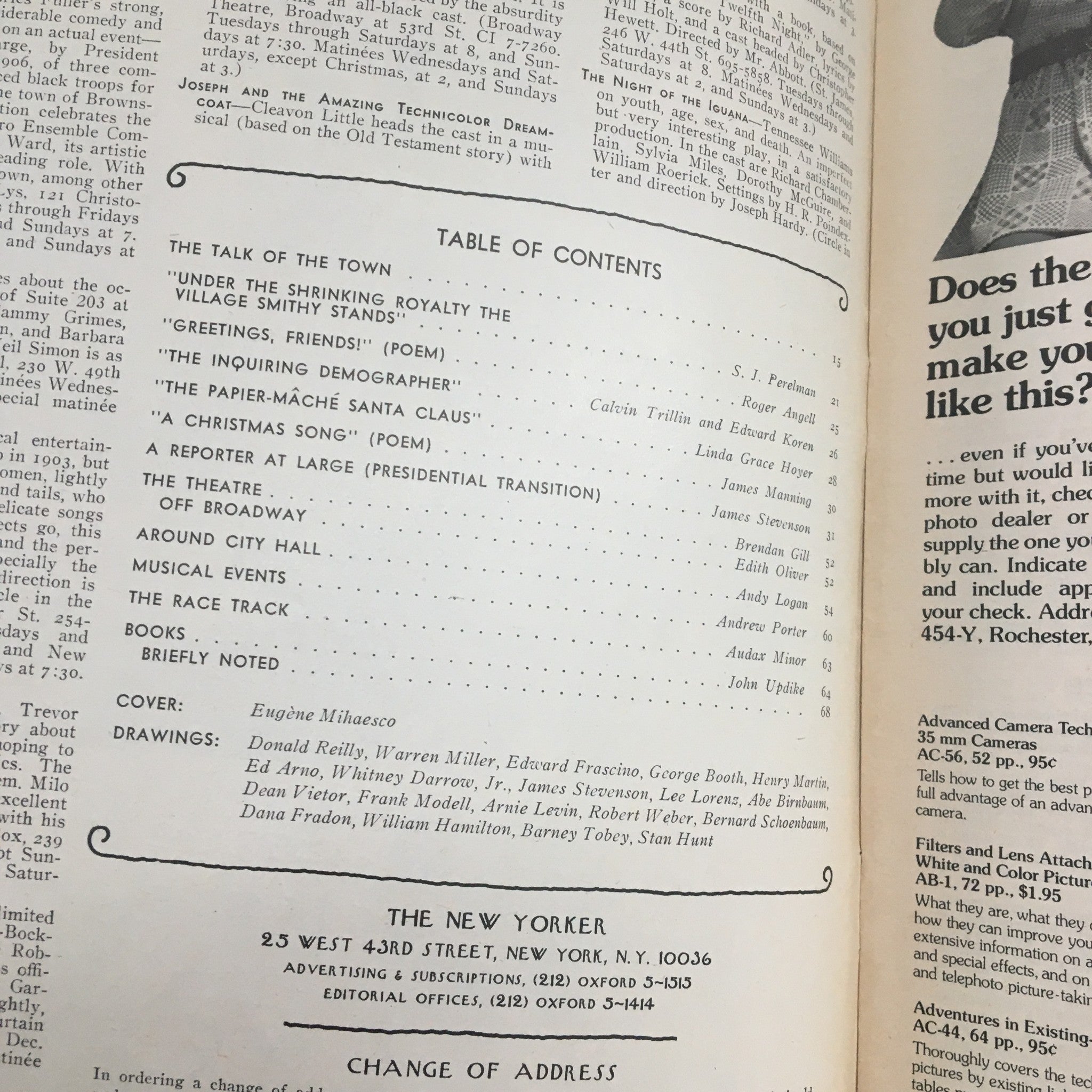 Table of contents from The New Yorker Magazine December 27 1976, showcasing the article titles and cover artist Eugene Mihaesco.