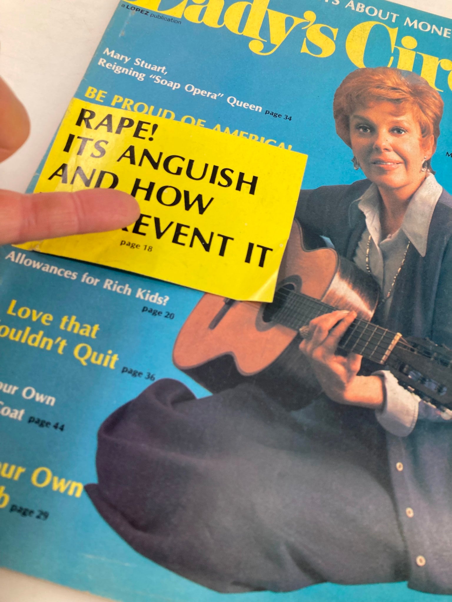 Cover of 'VTG Lady's Circle Magazine March 1975' featuring Mary Stuart, the 'Soap Opera Queen,' with a yellow sticker about a special article on rape prevention. The magazine includes various articles and is in good condition.