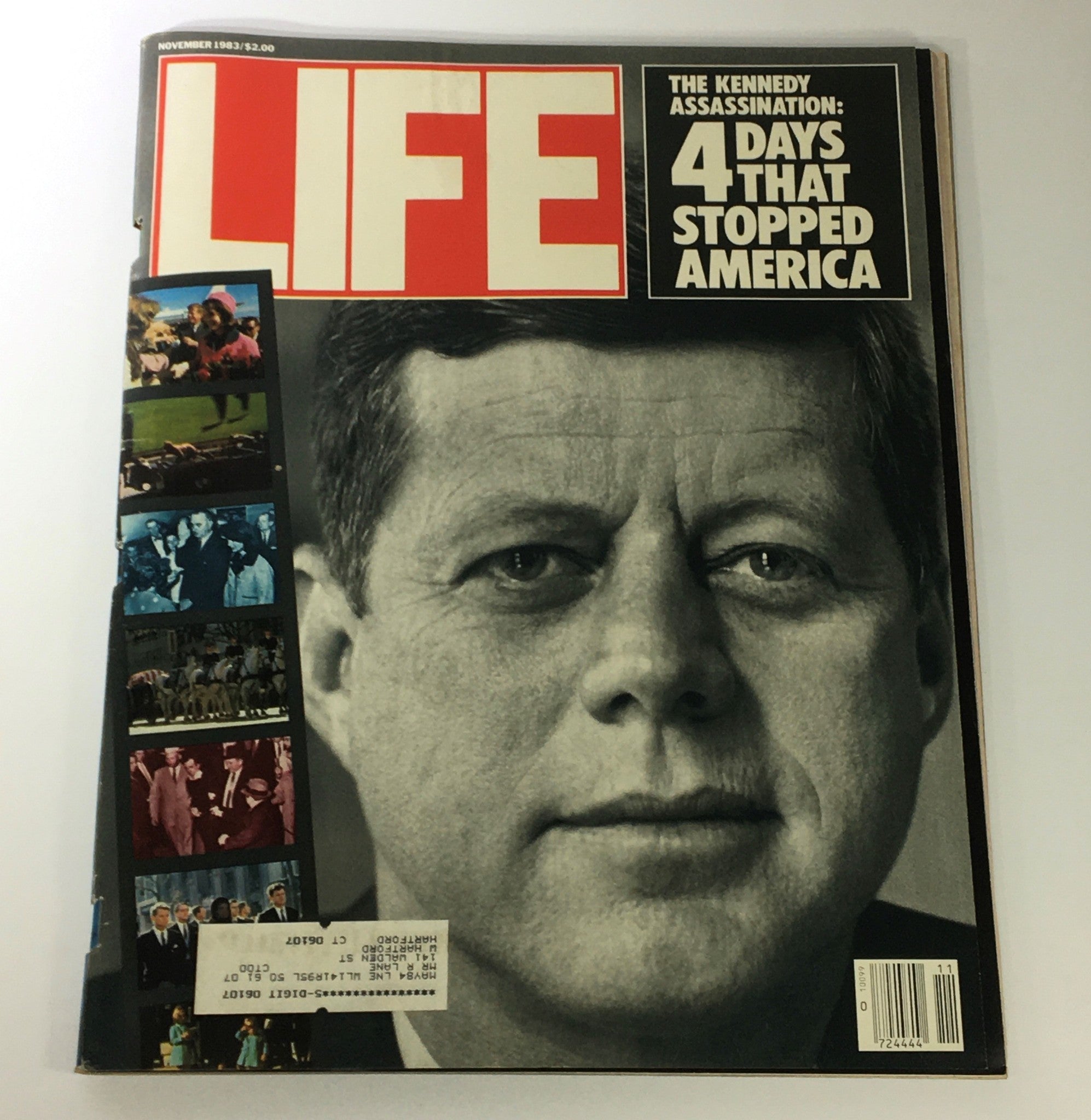 VTG Life Magazine November 1983 featuring John F. Kennedy on the cover with the headline 'The Kennedy Assassination: 4 Days That Stopped America.' This vintage magazine captures a significant moment in American history.