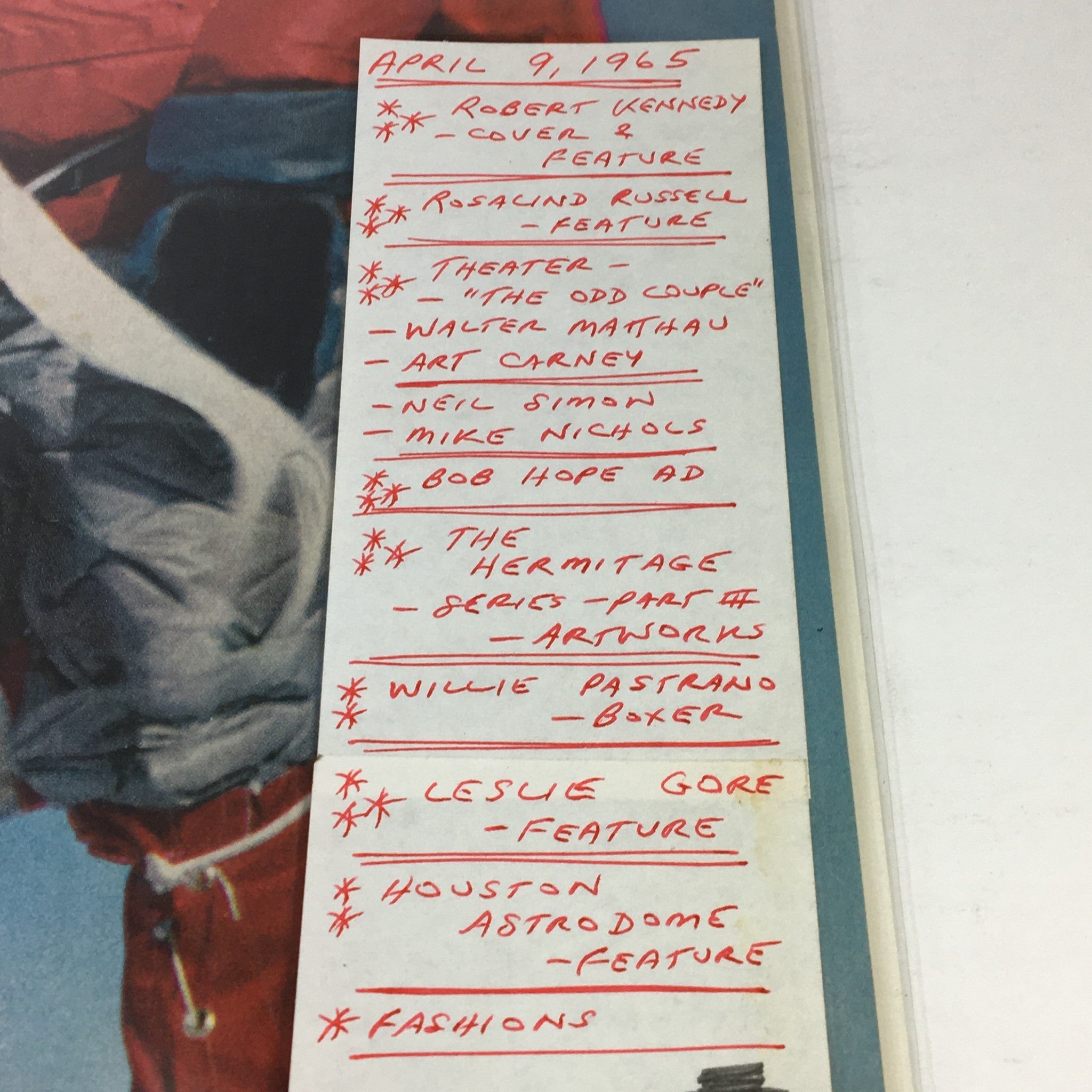 Detail of VTG Life Magazine from April 9, 1965 featuring Robert Kennedy's climb cover story. The image displays a list of featured articles including Rosalind Russell, theater highlights like 'The Odd Couple,' and mentions of notable figures such as Willie Pastrano, along with other cultural features.